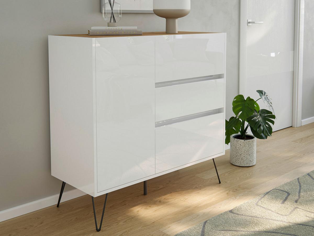 Sideboard Posseik Industrial Weiß/Eichefarben B: 99 cm - Weiß Hochglanz/Eichefarben, Design, Holzwerkstoff (99/93,6/42cm) - MID.YOU