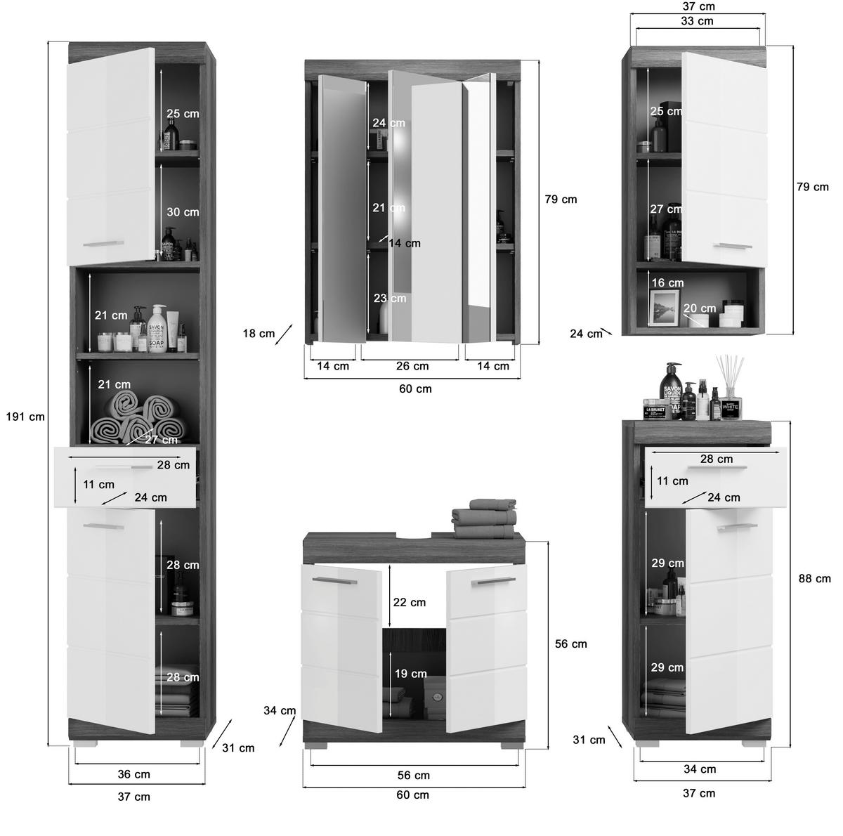 Badezimmer Scout - Weiß Hochglanz, MODERN, Holzwerkstoff (134cm) - MID.YOU