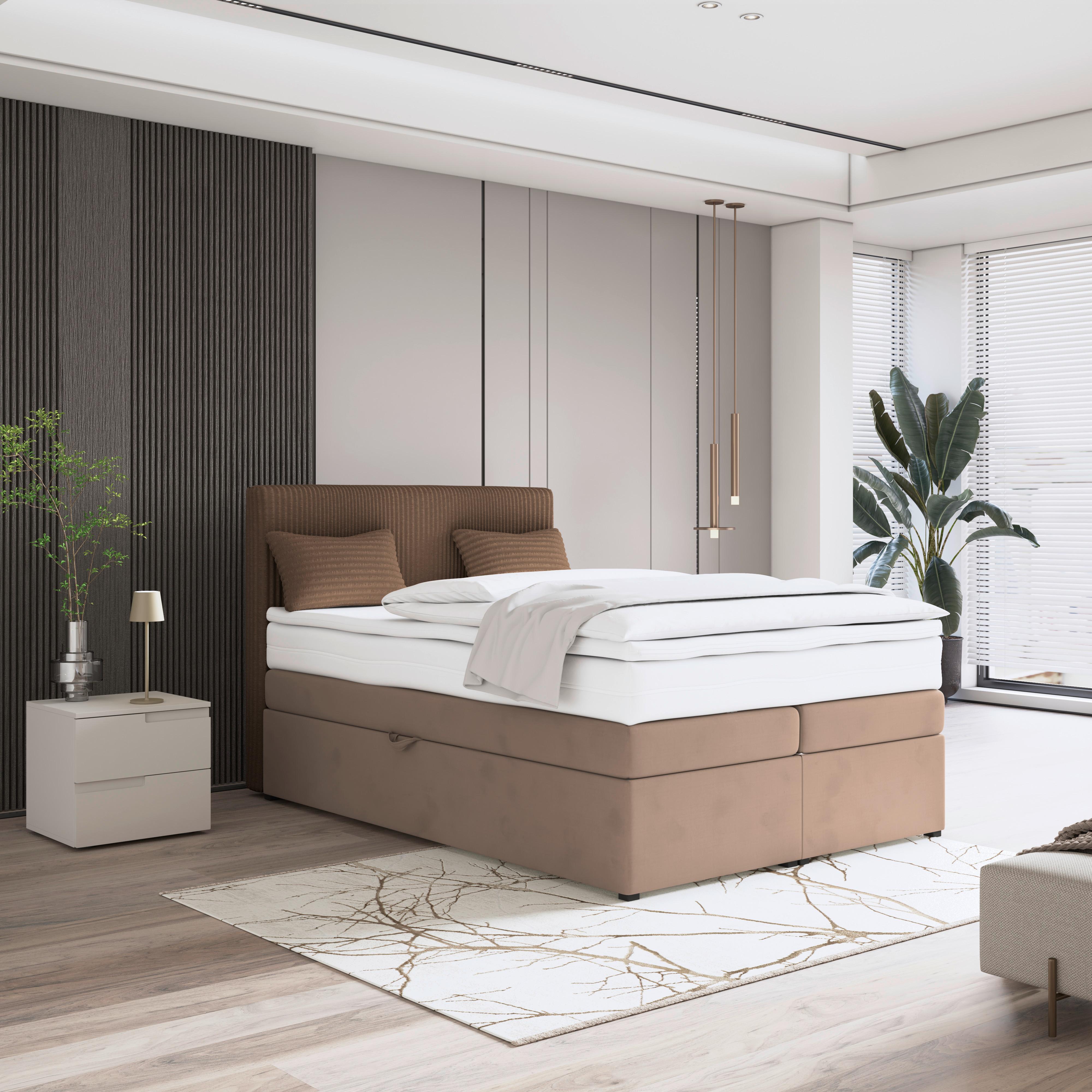 Boxspringbett mit Topper & Bettkasten 140x200 Rossa - Schwarz/Braun, MODERN, Holzwerkstoff/Textil (140/200cm)