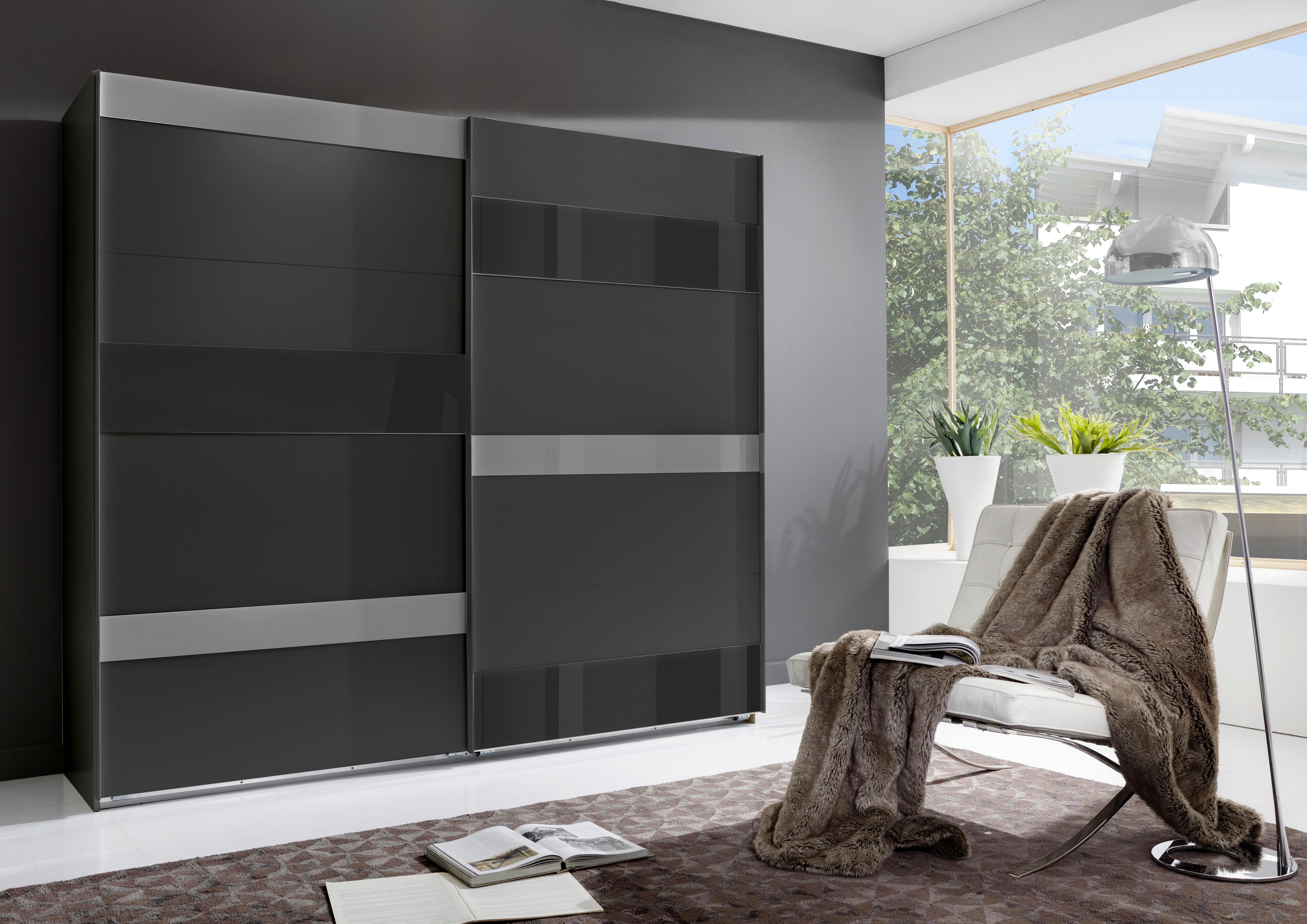 Schwebetürenschrank Monaco Graphitfarben/schwarz B: 180cm - Hellgrau/Graphitfarben, MODERN, Glas/Holzwerkstoff (180/210/65cm) - MID.YOU