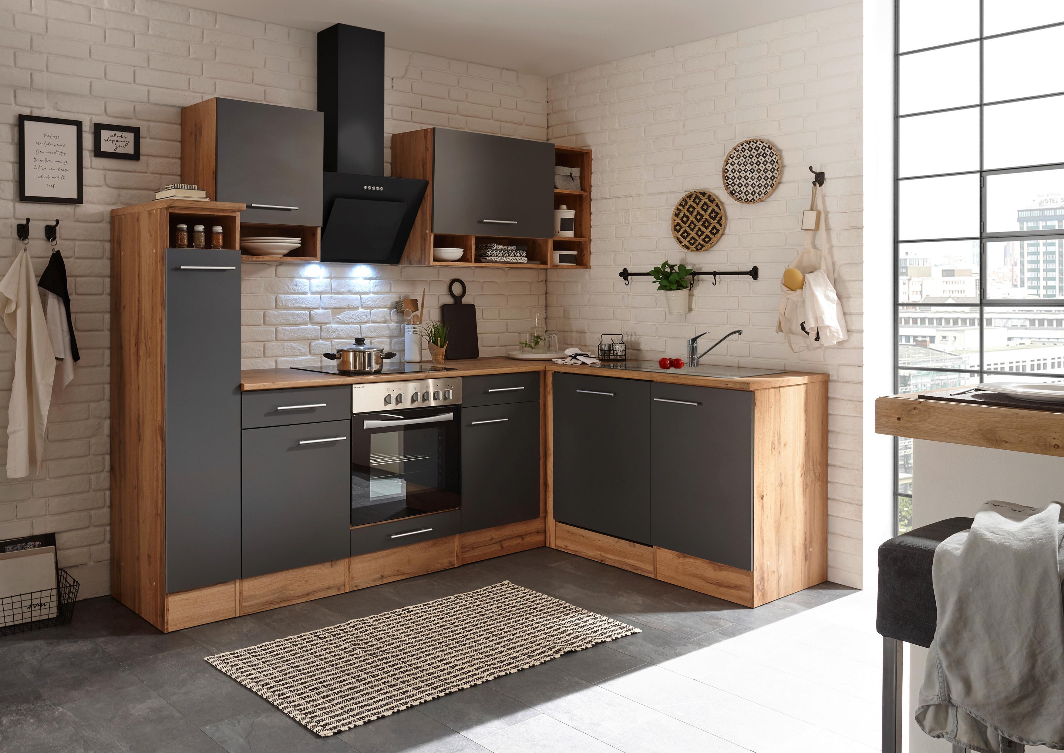 Eckküche mit Geräten 250 cm Grau/Wildeichefarben - Eichefarben/Grau, Basics, Holzwerkstoff (250/172cm) - Respekta