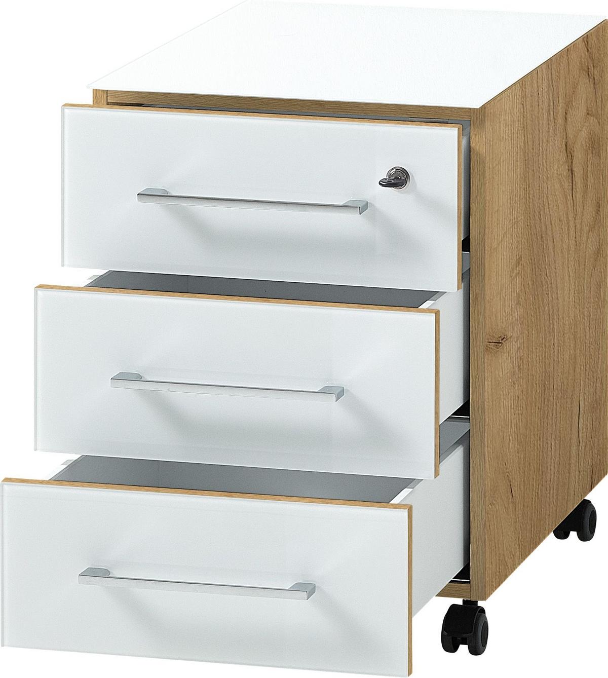 Rollcontainer Gw.monteria Weiß/Eiche Dekor - Eichefarben/Weiß, MODERN, Glas/Holzwerkstoff (40/55/50cm) - Germania