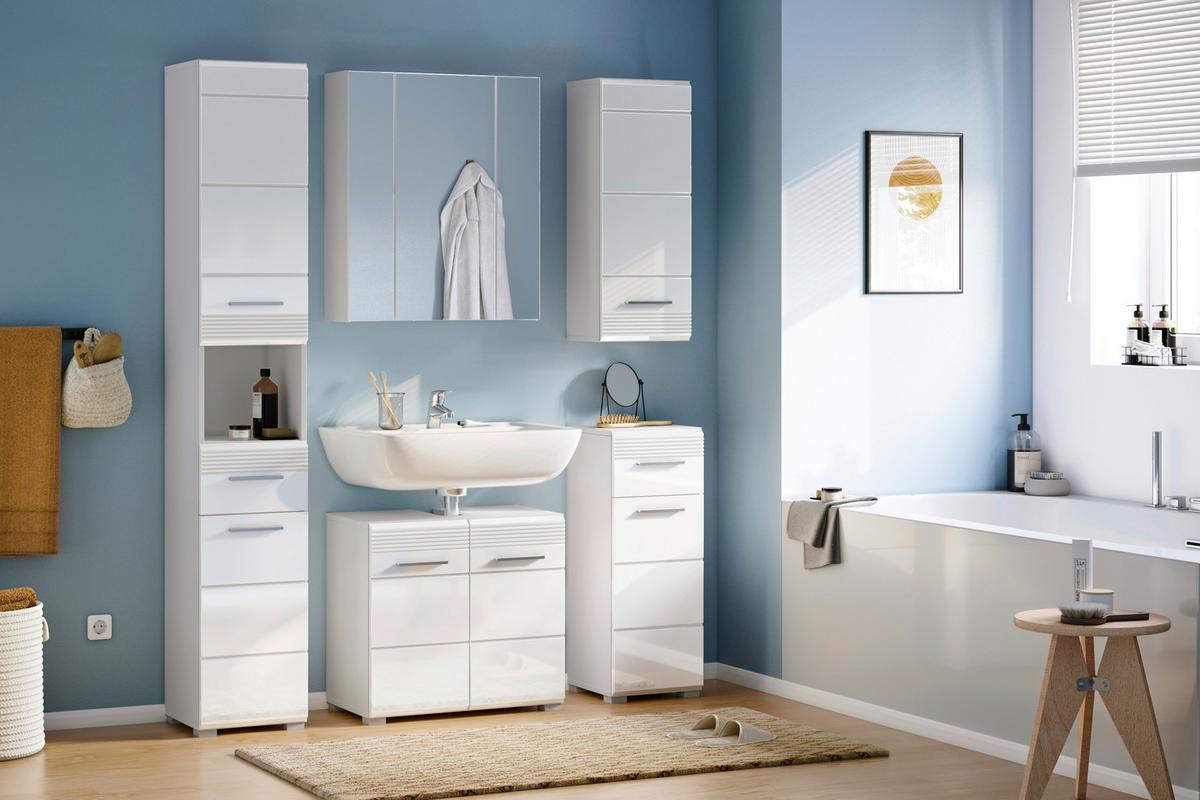 Badezimmer Linus Weiß Hochglanz B: 120 cm - Weiß Hochglanz/Silberfarben, MODERN, Glas/Holzwerkstoff (120cm) - MID.YOU