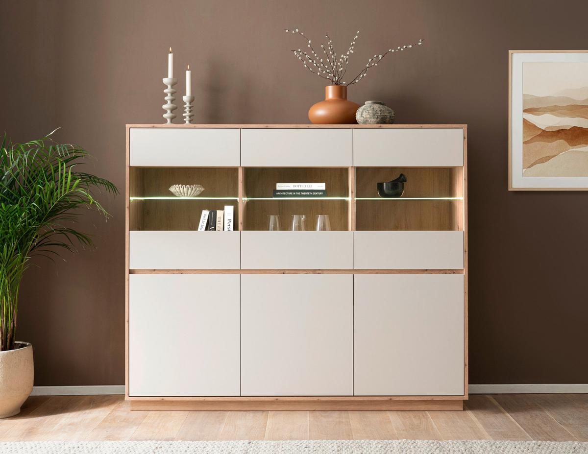Highboard Sonora Kashmir/Eiche B: 164cm - Kaschmir/Eiche Artisan, Design, Glas/Holzwerkstoff (164/138/40cm) - MID.YOU