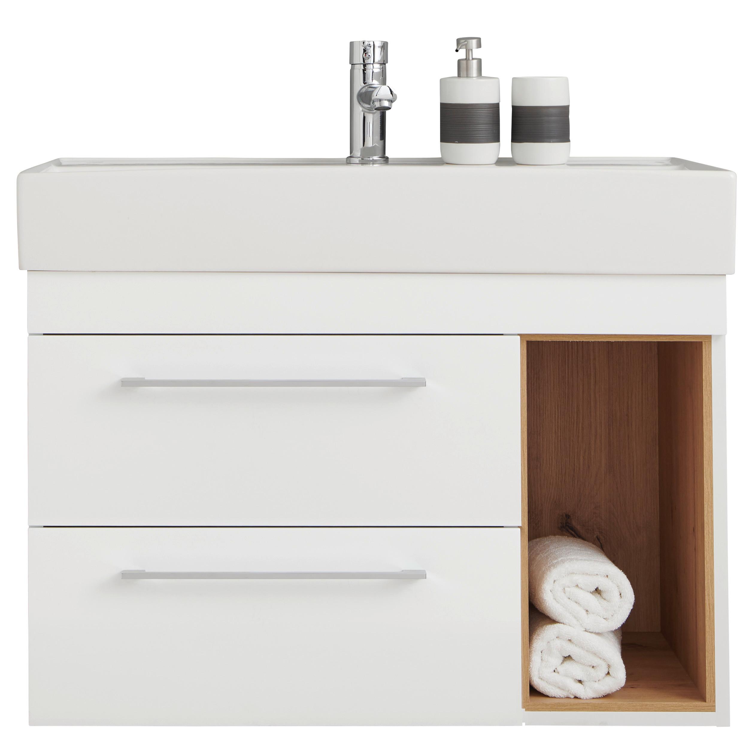 Waschbeckenunterschrank Mura B: 80 cm Weiß/Eiche Dekor - Weiß, MODERN, Keramik/Holzwerkstoff (80/63/46,5cm)