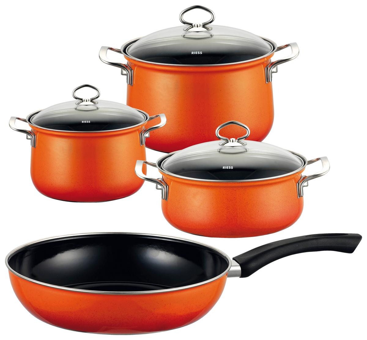 Kochtopfset 7-Tlg. Emaill inkl. Pfanne - Orange, Basics, Glas/Metall (48,5/28,5/24cm) - Riess