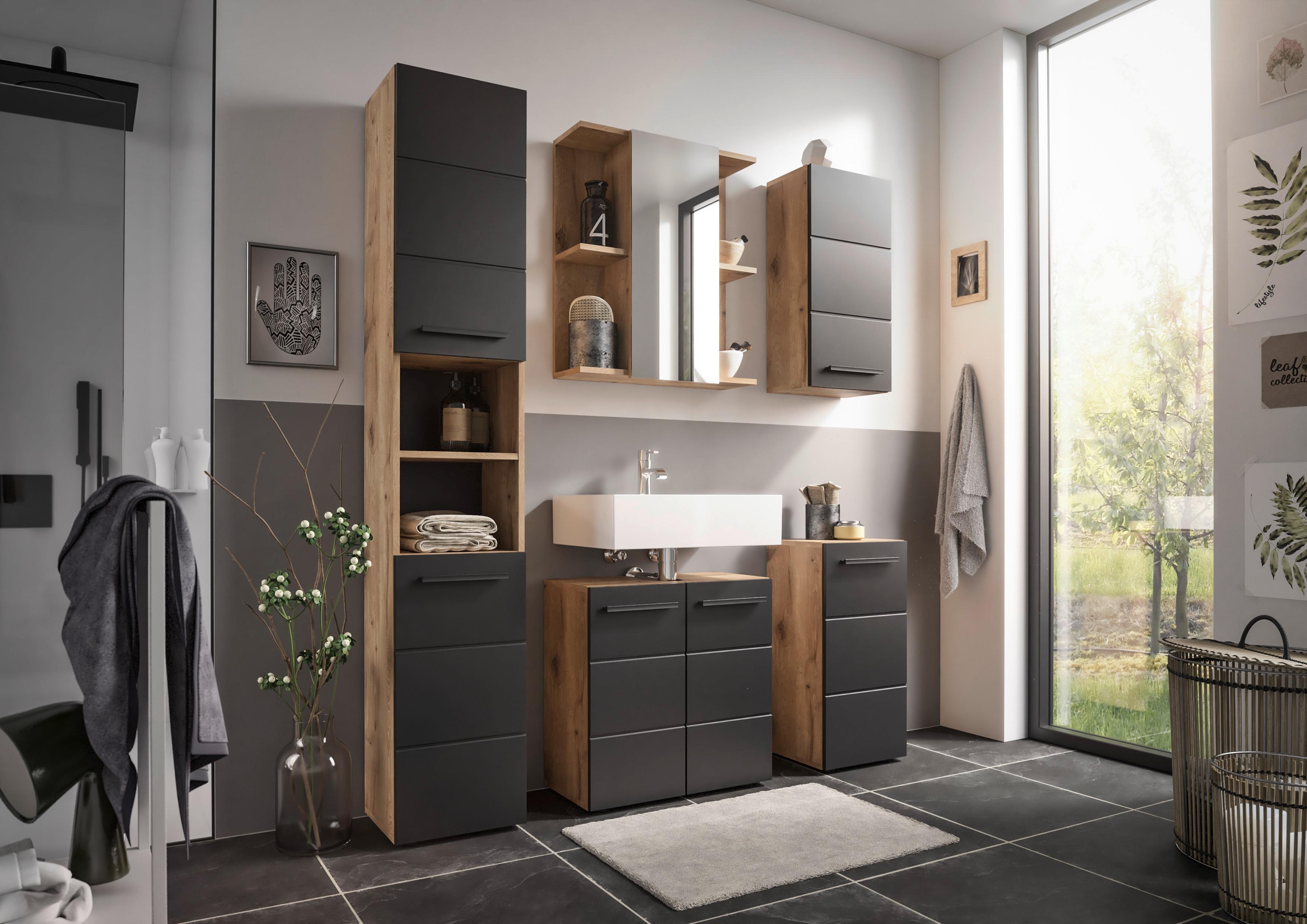 Waschbeckenunterschrank Vista B: 60 cm Eiche Dekor/Schwarz - Eichefarben/Schwarz, Basics, Holzwerkstoff (60/62/31cm) - MID.YOU
