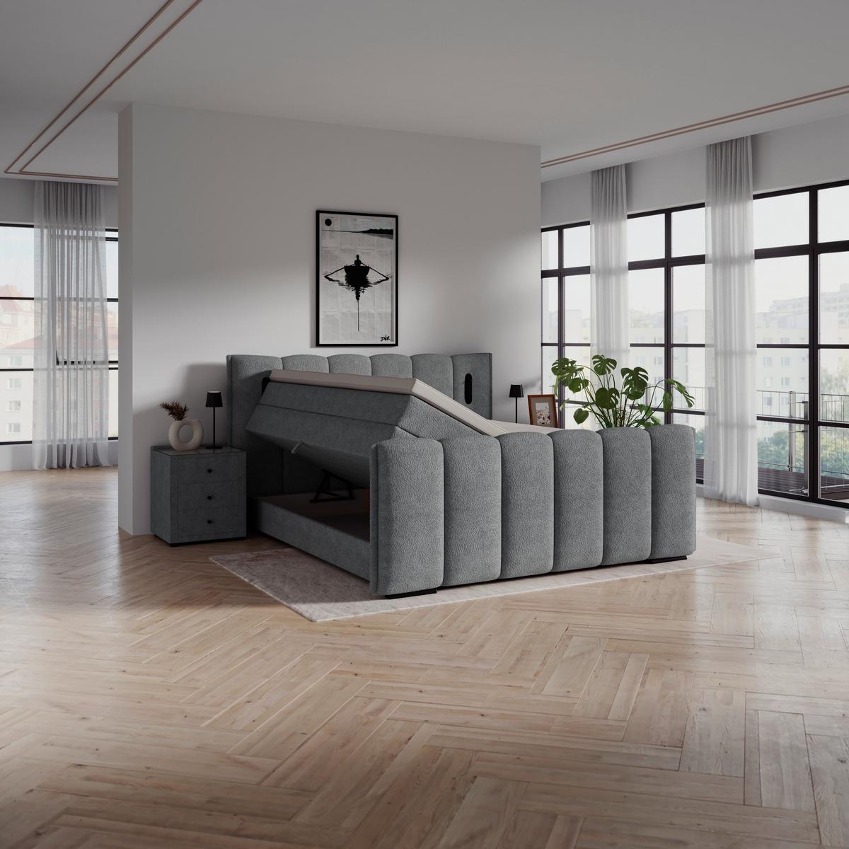 Boxspringbett Elysia inkl. Bettkasten 200x200 - Dunkelgrau/Schwarz, Trend, Holz/Holzwerkstoff (200/200cm) - Luca Bessoni