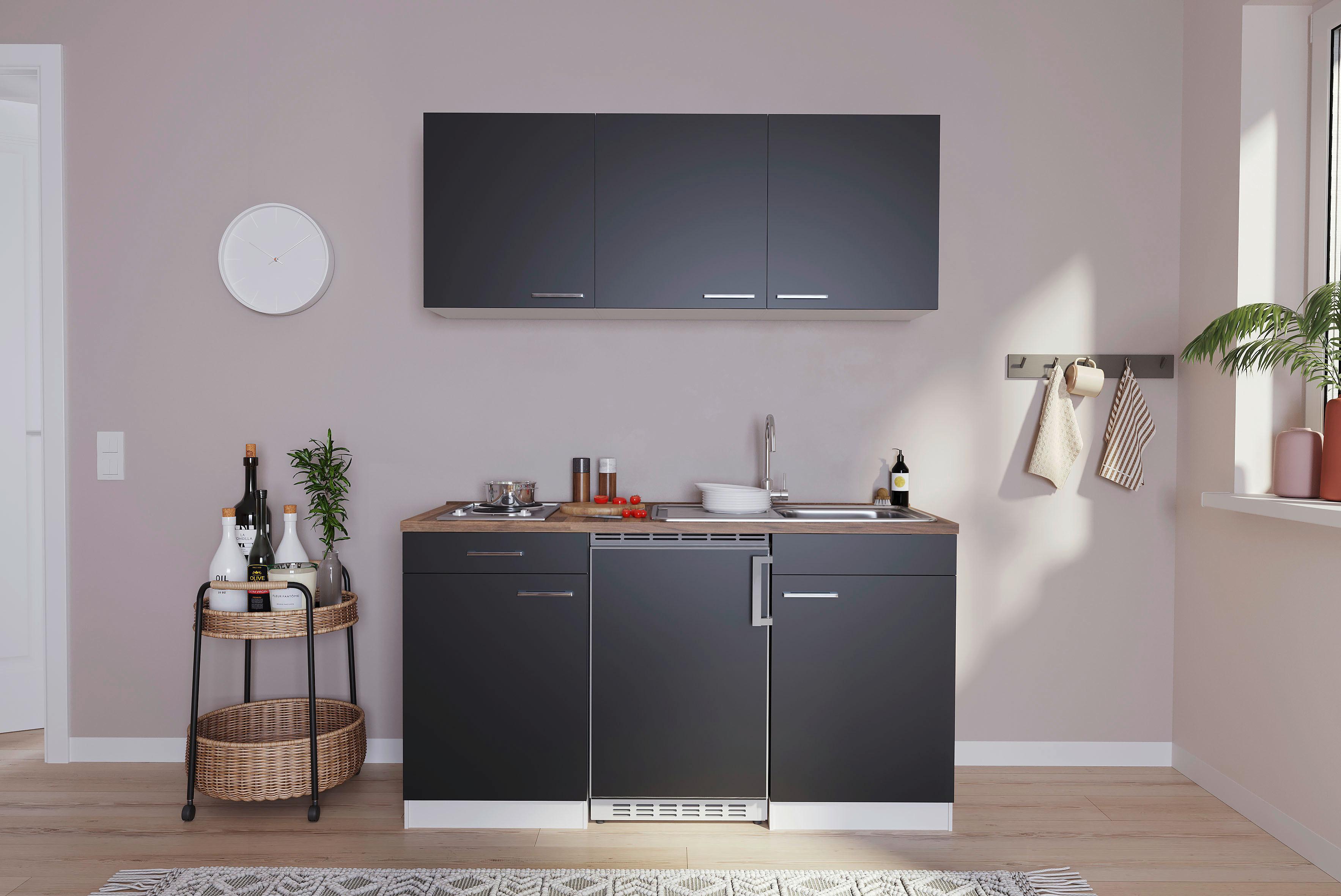 Miniküche Economy mit Geräten 150 cm Schwarz/ Nussbaum Dekor - Nussbaumfarben/Schwarz, Basics, Holzwerkstoff (150cm) - Respekta