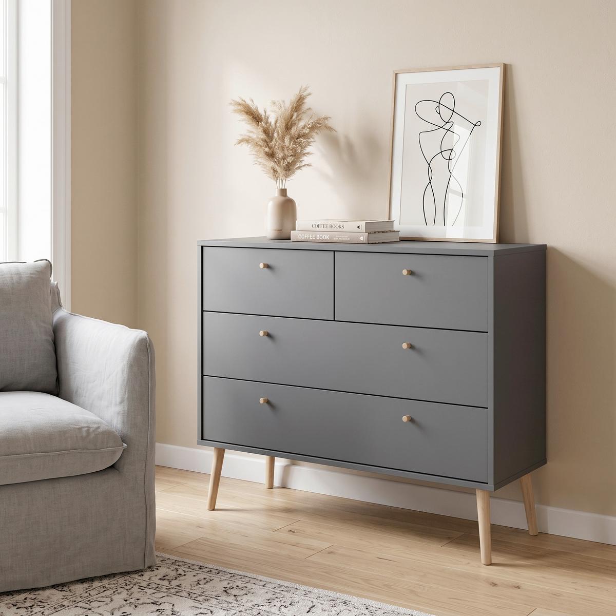 Kommode Bodo Grau matt, B: 98,7 cm - Eichefarben/Grau, Design, Holzwerkstoff (98,7/81,7/39,1cm) - Best Price