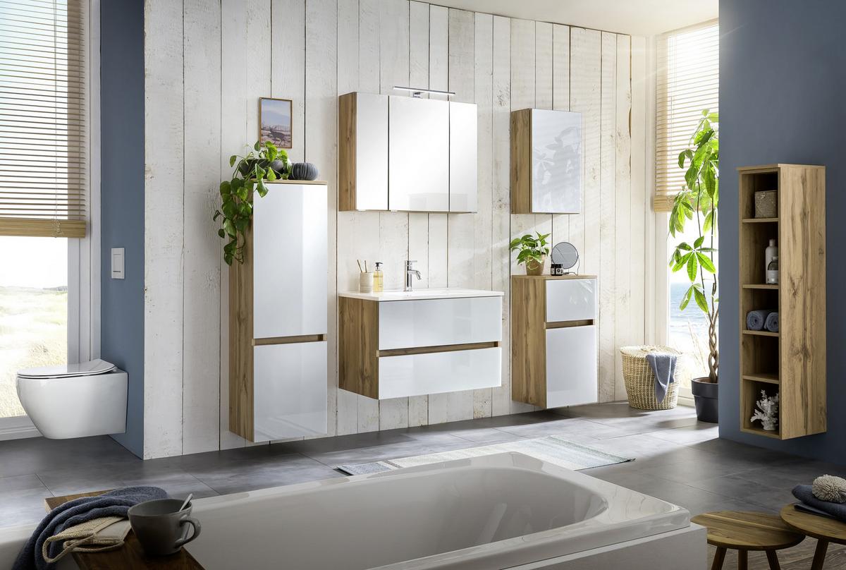 Badezimmerregal 5 Fächer Eiche Dekor 25x130 cm Helsinki - Eichefarben/Silberfarben, KONVENTIONELL, Holzwerkstoff (25cm) - Held