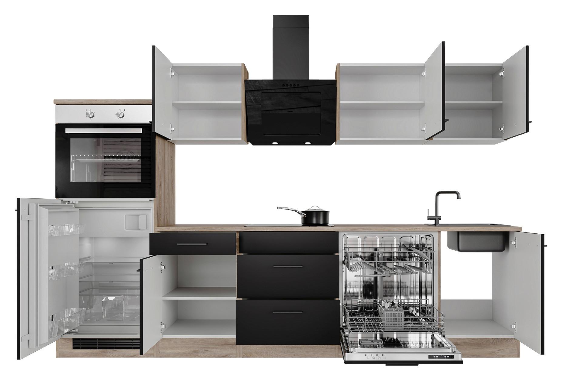 Küchenzeile Capri mit Geräten B: 280 cm Schwarz/Eiche Dekor - Eichefarben/Schwarz, MODERN, Holzwerkstoff (280/200/60cm)