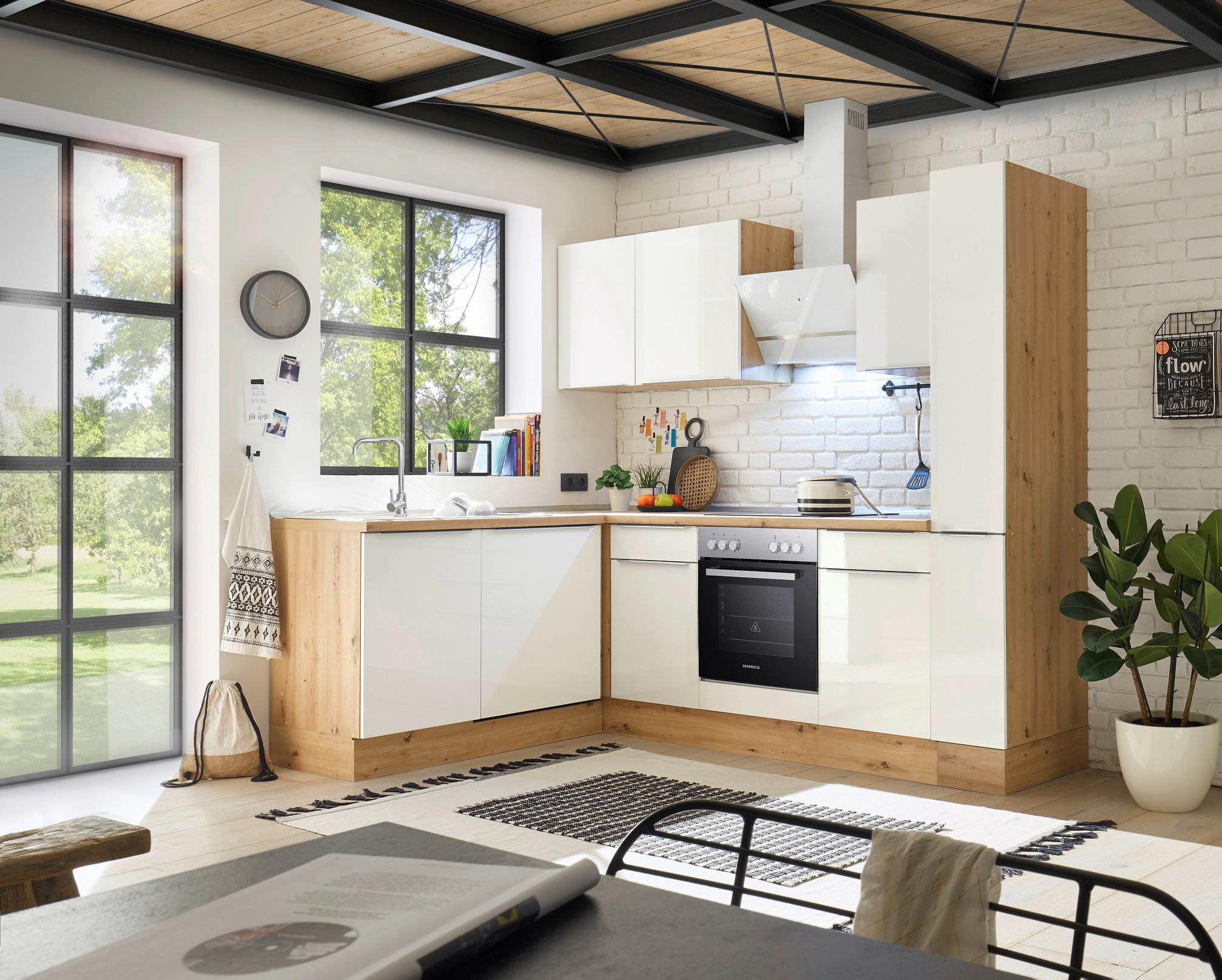 Eckküche mit Geräten 250x170 cm Weiß/Eiche Dekor, Modern