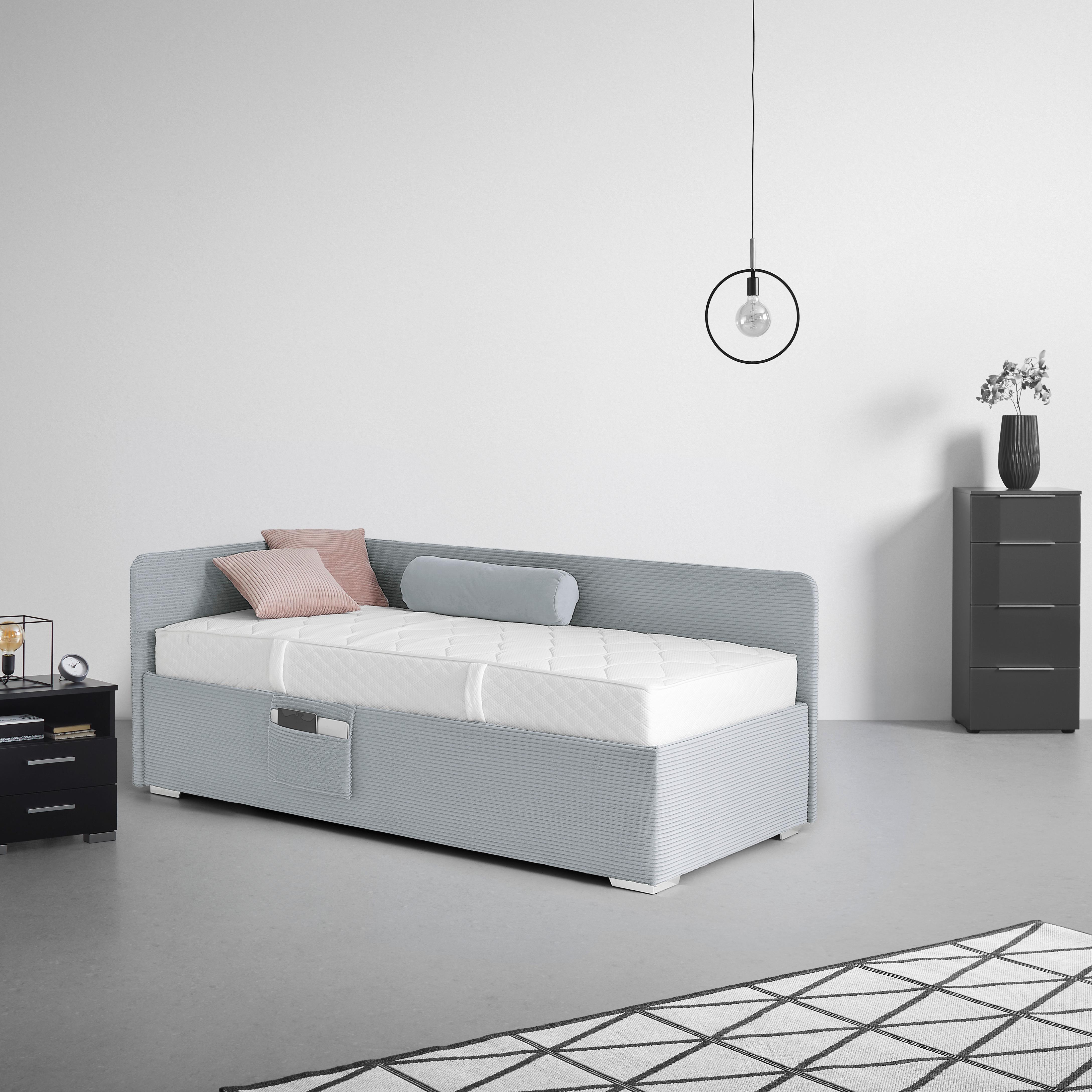 Posteľ Remi s bočnicami 90x200, poťah sivomodrý - sivomodrá/prírodná farba, Konventionell, drevo/textil (90/200cm)