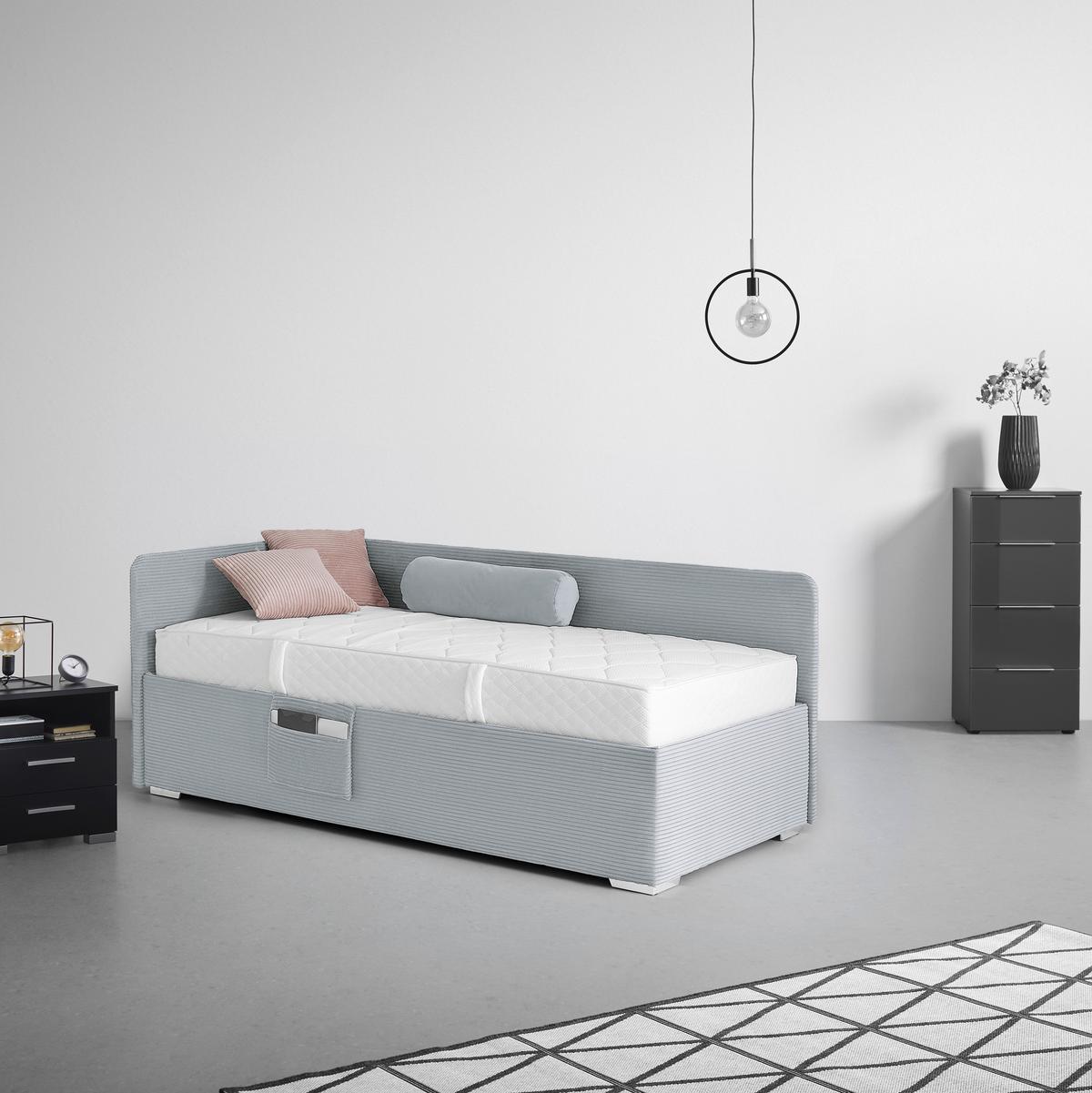 Postel Remi s bočnicemi 140x200, potah šedomodrý - šedomodrá/barvy chromu, Konvenční, dřevo/textil (140/200cm)