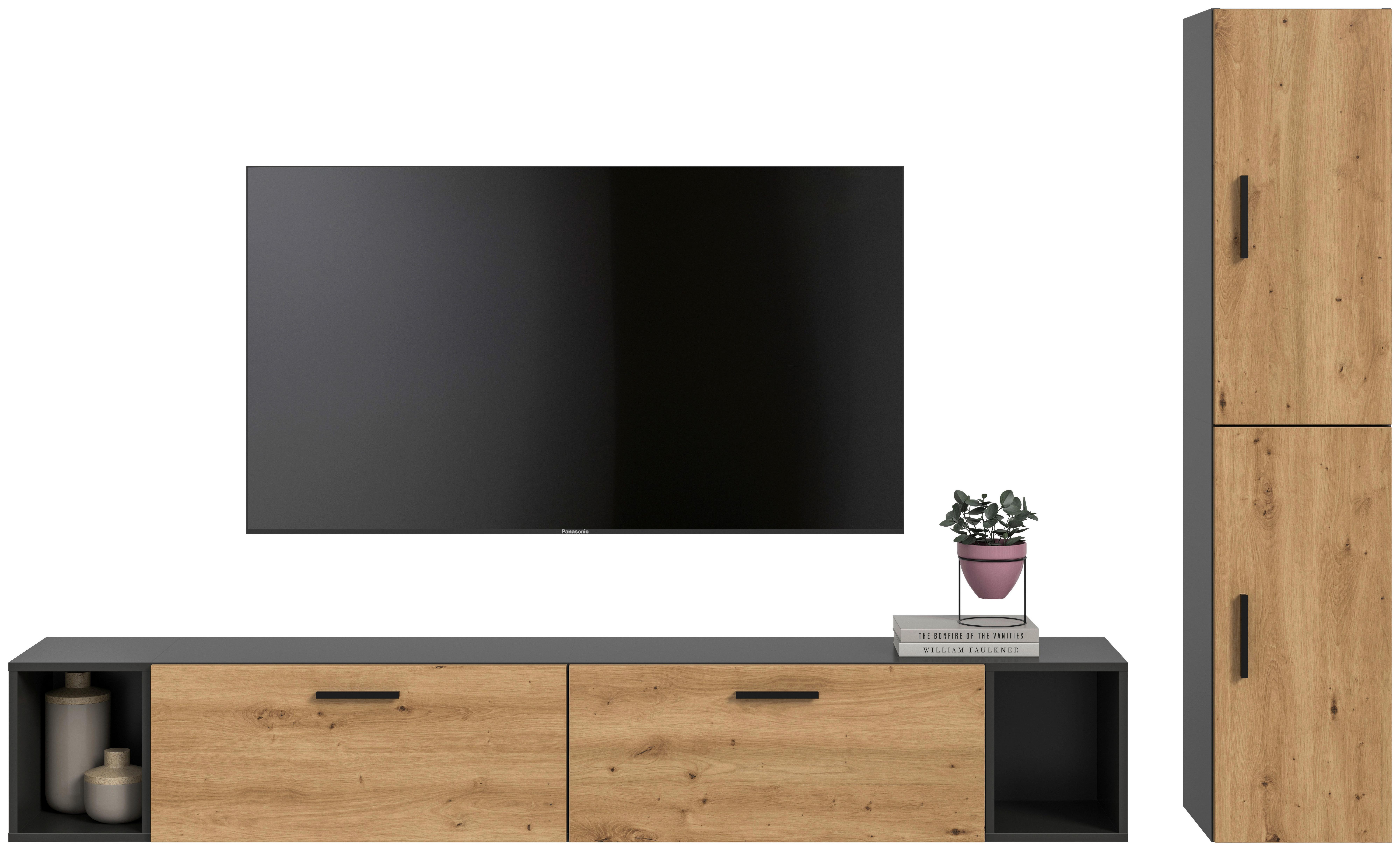 Wohnwand, The One 1, B: 259 cm Artisan Eiche Dekor/Grau - Schwarz/Eiche Artisan, Trend, Holzwerkstoff (259/182/34cm)