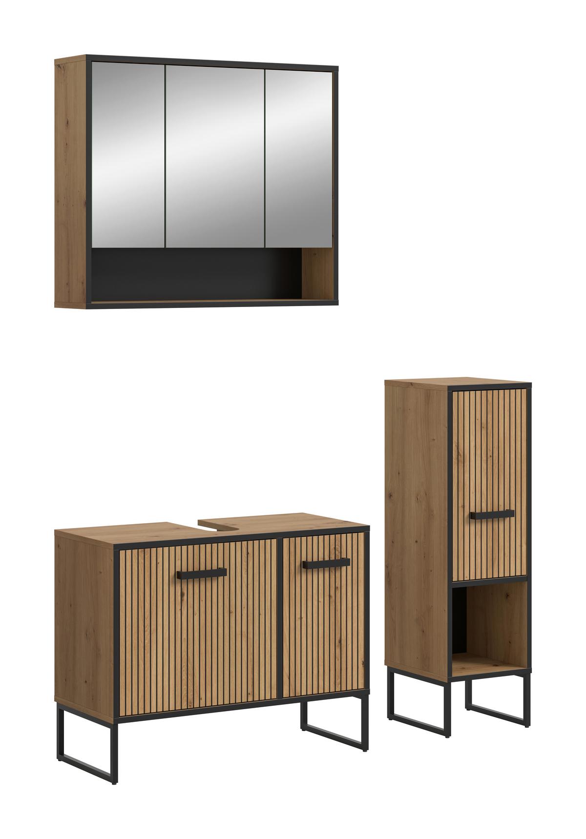 Badezimmer Bagno Schwarz /Eiche Artisan Dekor B: 110cm - Schwarz/Eiche Artisan, Trend, Glas/Holzwerkstoff (110cm) - MID.YOU