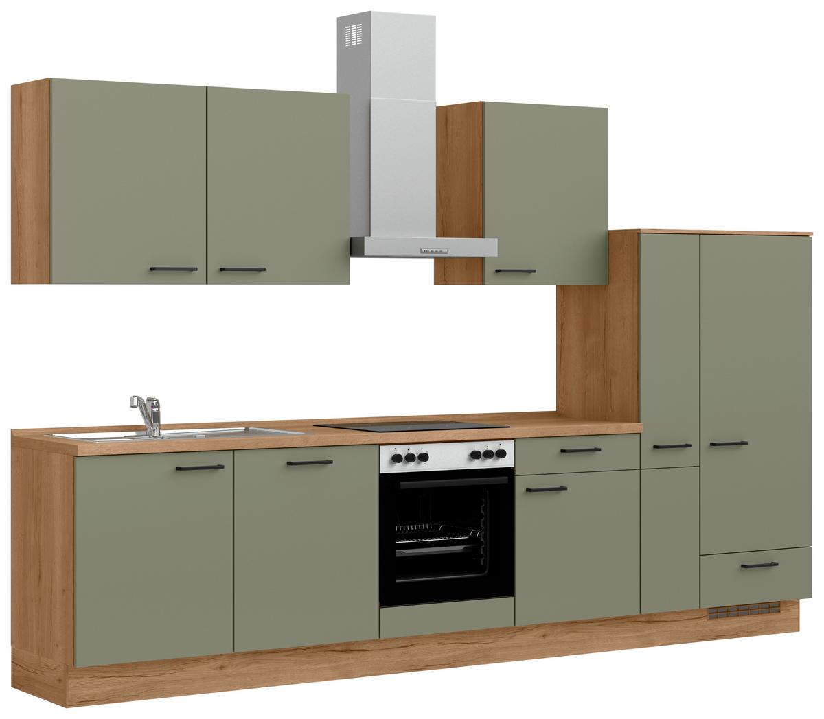 Kuchyňská linka 330 cm, olivově zelená - barvy dubu/černá, Moderní, kov/kompozitní dřevo (330cm) - Nobilia