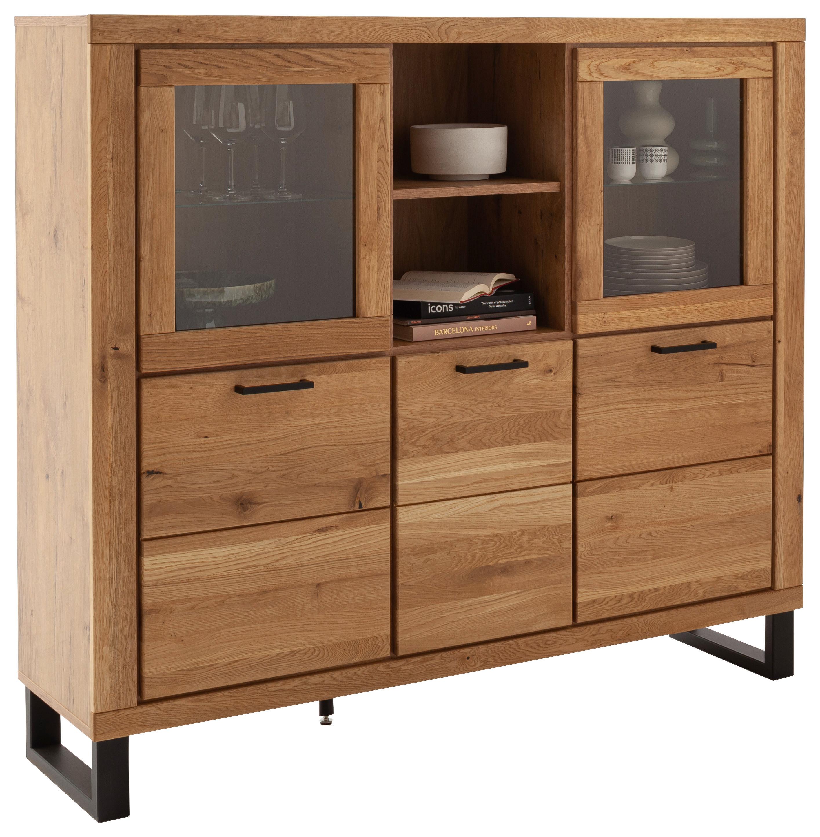 Highboard Kambo Wildeiche 5 Türen - Wildeiche/Schwarz, ROMANTIK / LANDHAUS, Glas/Holz (158,5/140/40cm)