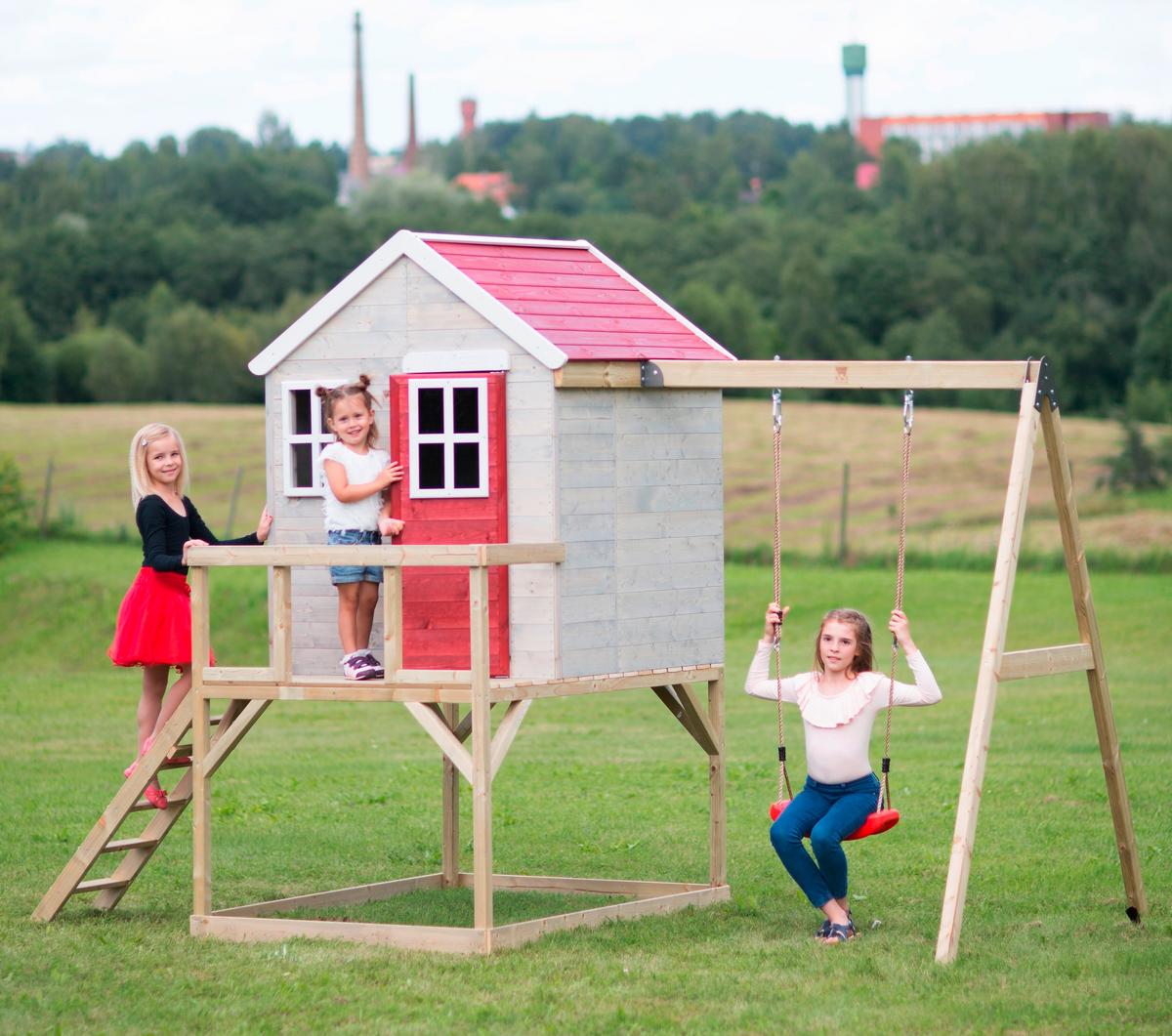 Spielhaus Zebra Naturfarben/rot, B: 350 Cm - Rot/Naturfarben, KONVENTIONELL, Holz (350/242/192cm)