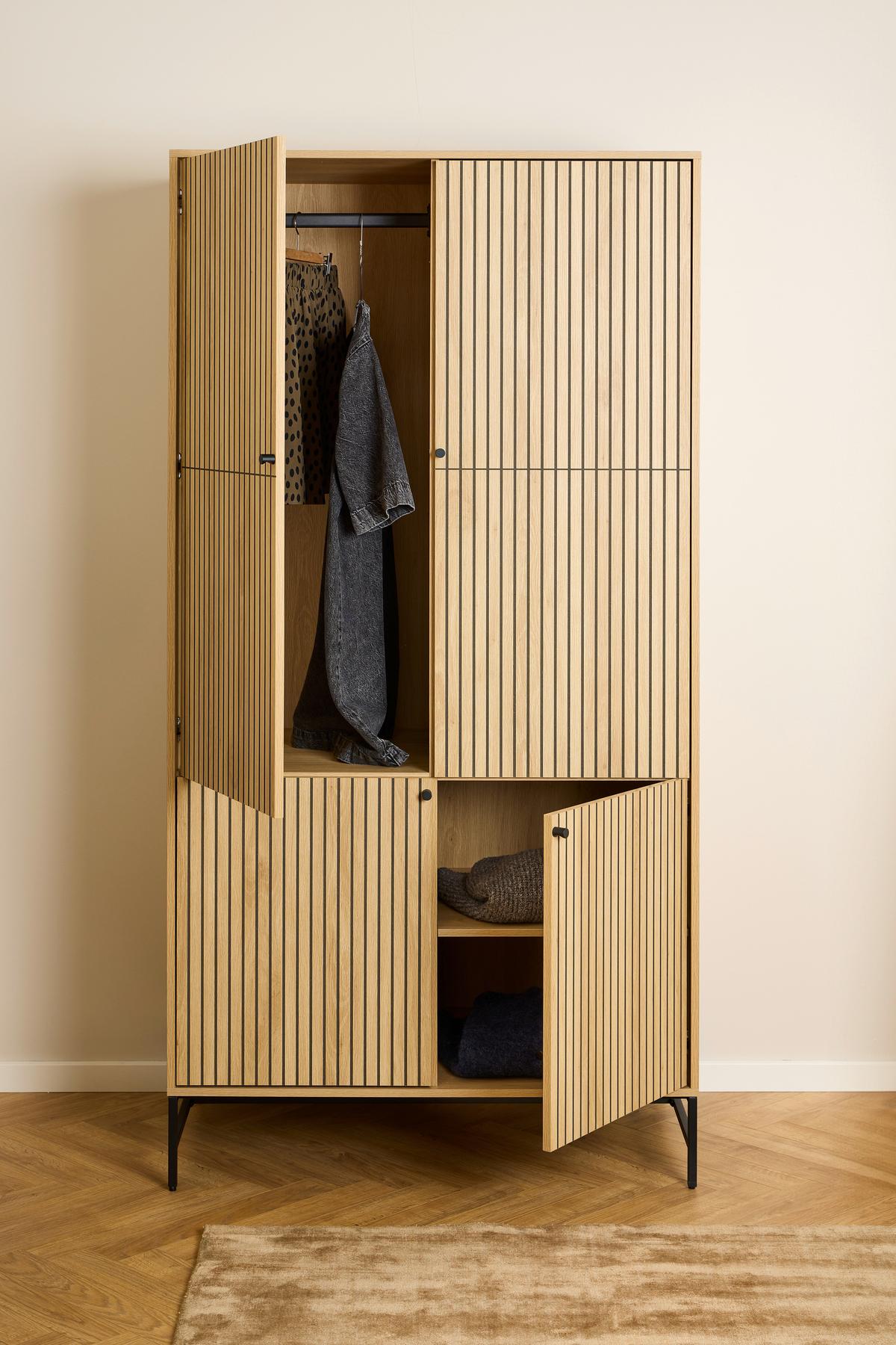 ŠATNÍ SKŘÍŇ S OTOČNÝMI DVEŘMI ALBANY - černá/přírodní barvy, Design, kov/dřevo (99/200/60cm)
