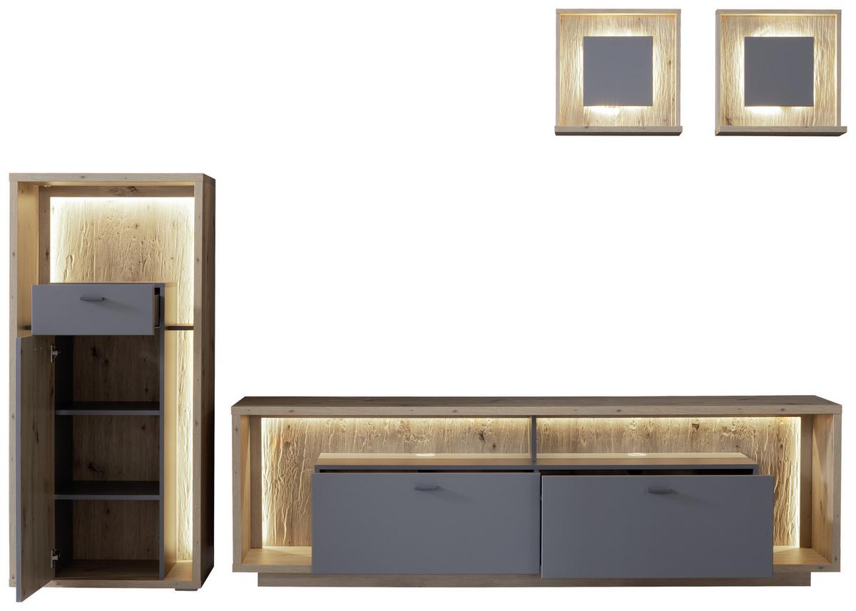Wohnkombination 4-Tlg. Lizzano Grau/Eichefarben - Eichefarben/Grau, Design, Holzwerkstoff (286/200/40cm) - MID.YOU