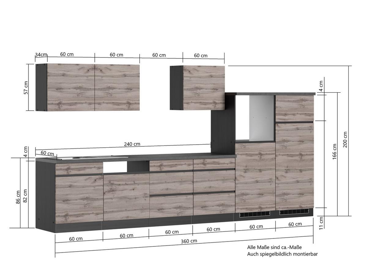 Küchenzeile Turin ohne Geräte B: 360 cm Graphit/Eiche Dekor - Eiche Wotan/Graphitfarben, Design, Holzwerkstoff (360cm) - Held