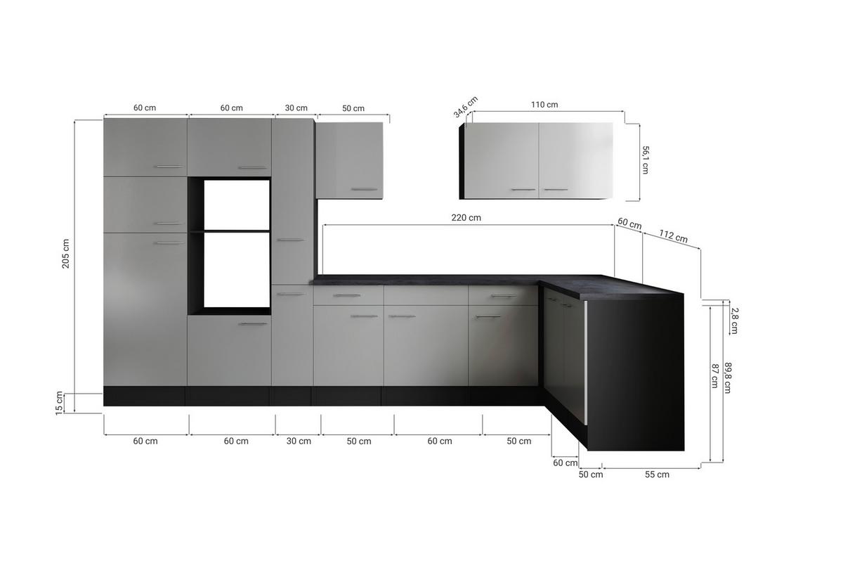 Eckküche Oliver Grau, Schwarz S: 370x172cm - Schwarz/Grau, Design, Holzwerkstoff (370/172cm) - Respekta