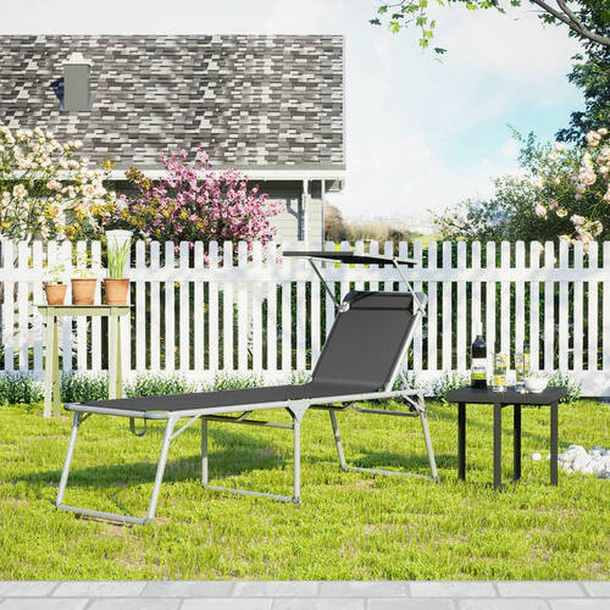 Gartenliege Schwarz Alufarben Inkl. Sonnendach, B: 65 Cm - Schwarz/Alufarben, MODERN, Textil/Metall (65/48/200cm) - Modante