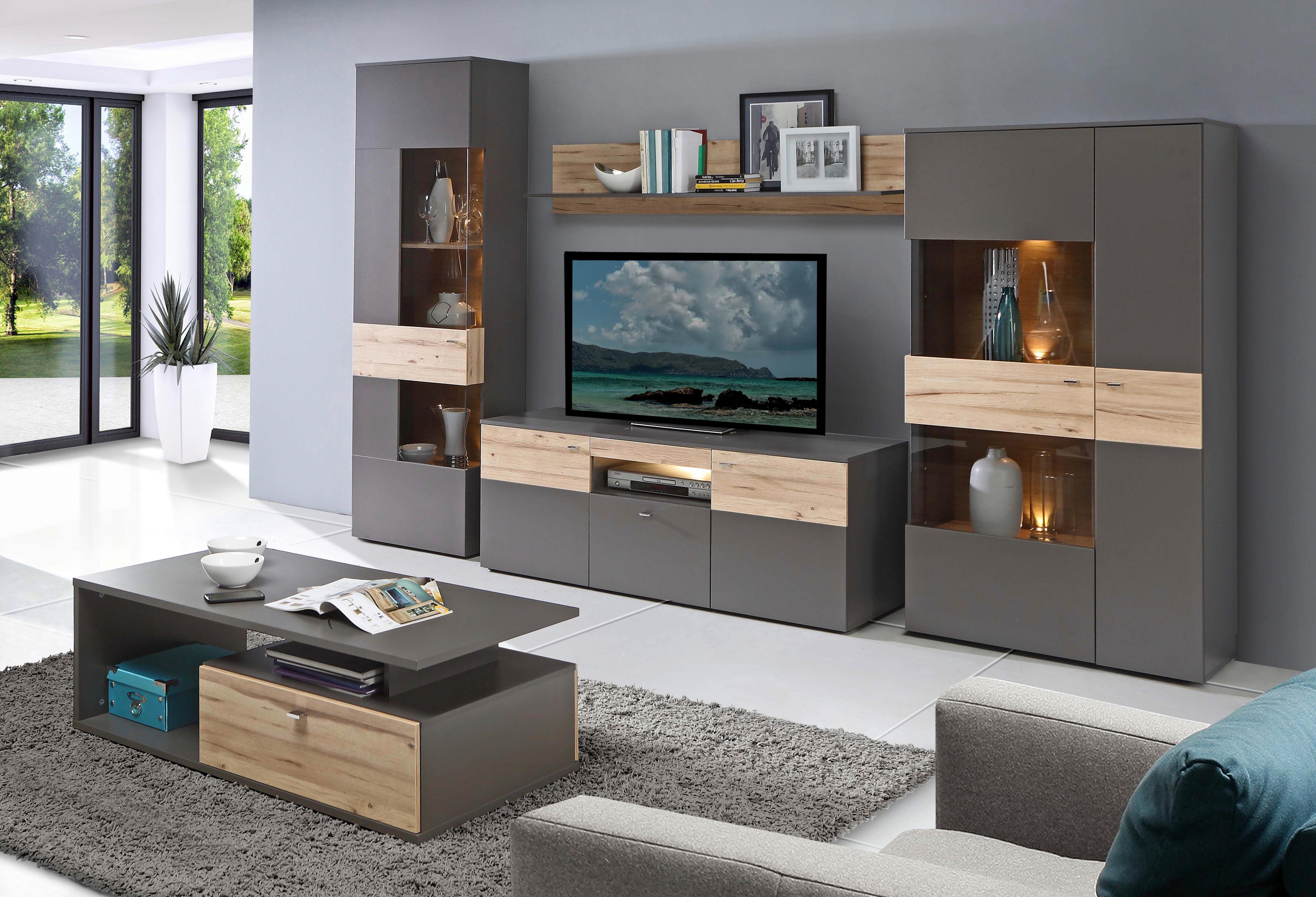 Wohnwand Modern 4 Tgl. Mit Led Como, Grau/ Eiche Dekor - Eichefarben/Grau, Basics, Glas/Holzwerkstoff (319/203/52cm) - MID.YOU