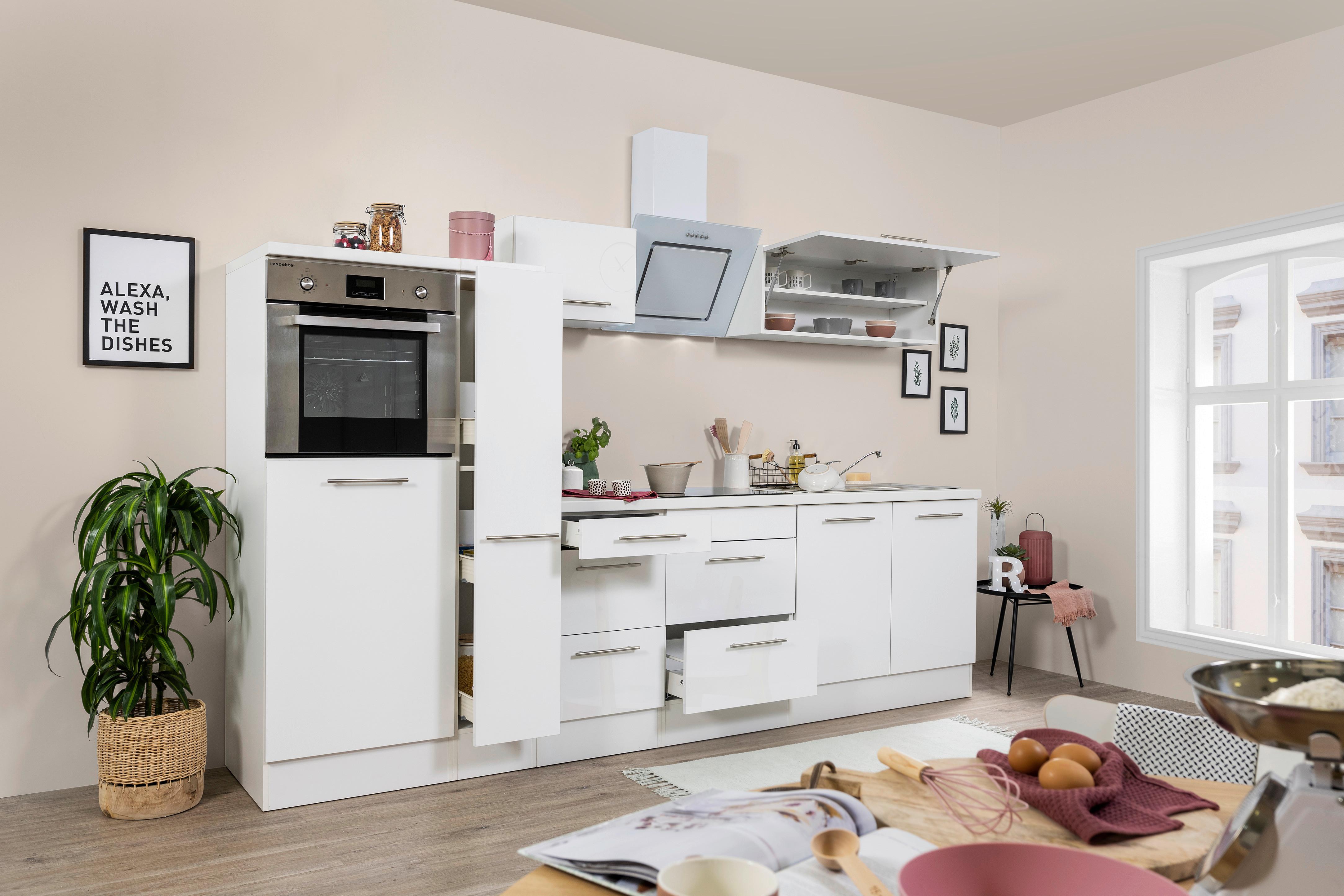 Küchenzeile mit Geräten 300 cm Weiß Hochglanz - Weiß, KONVENTIONELL, Holzwerkstoff (300cm) - Respekta