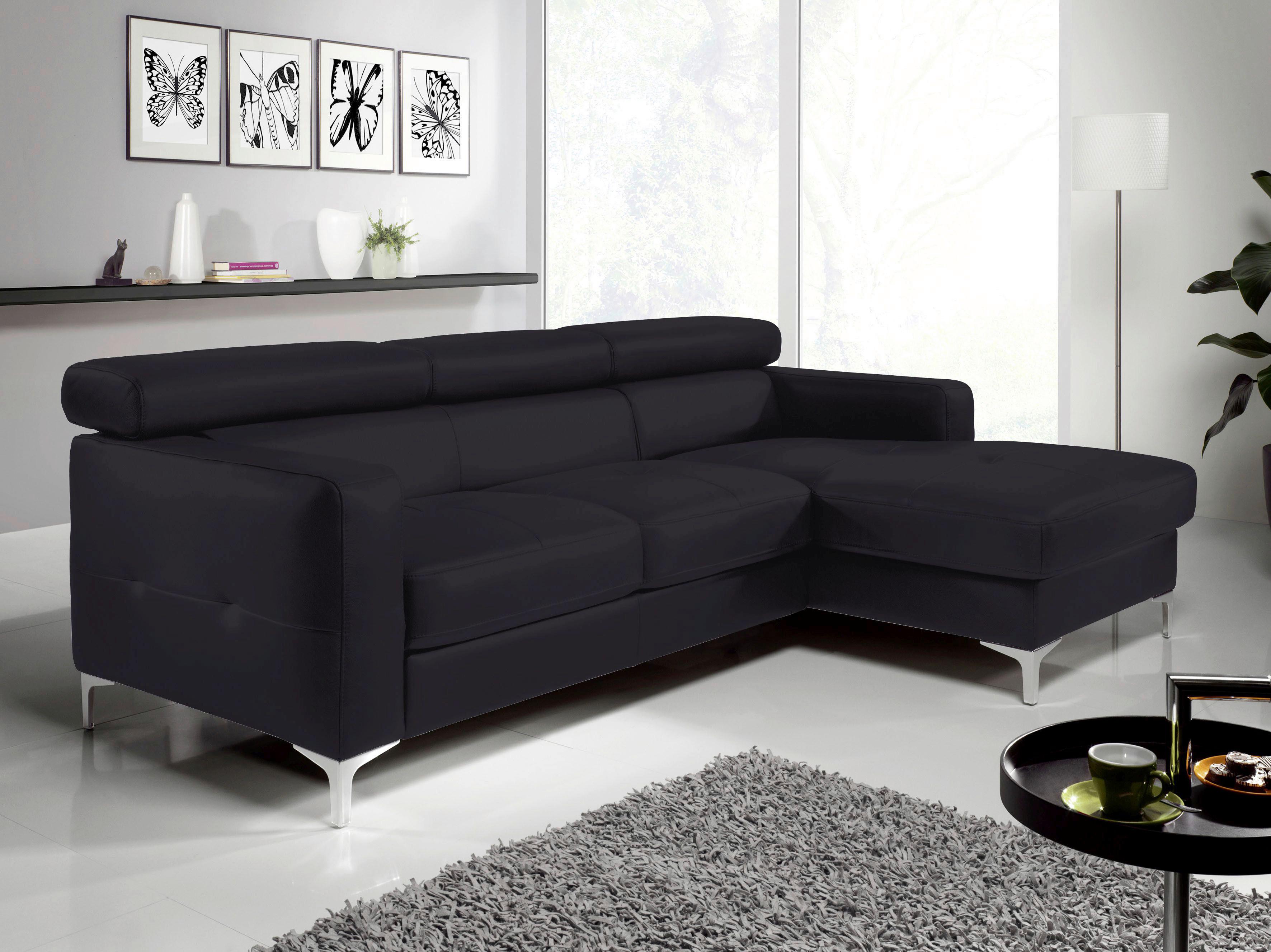 Ecksofa Sammy Schwarz Leder - Chromfarben/Schwarz, Design, Leder (226/169cm) - Livetastic