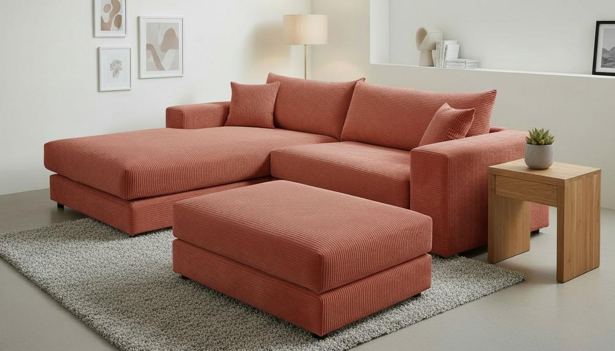 Ecksofa Funny S Links mit Hocker, Terracotta B: 265 cm - Terracotta/Schwarz, Basics, Textil (180/265cm) - Livetastic