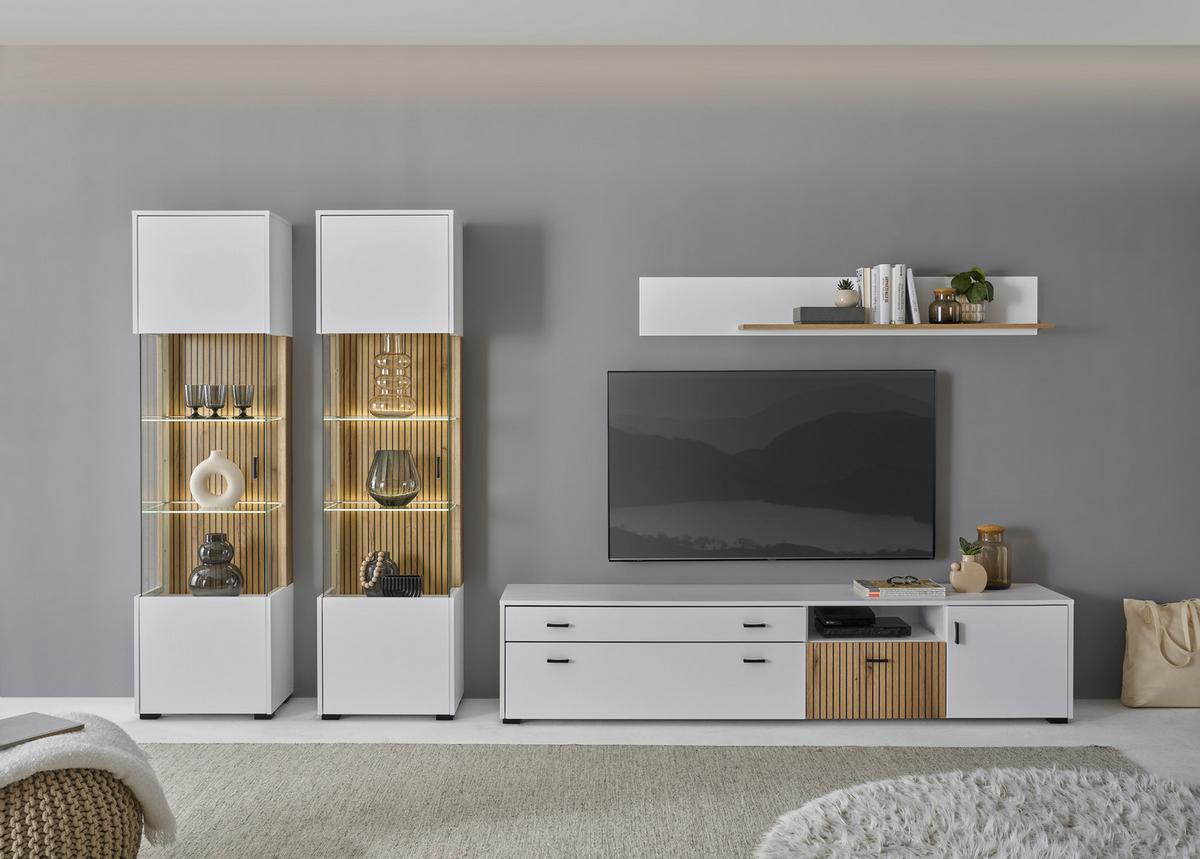 Wohnwand Hudson Weiß/Eichefarben B: 316cm - Eichefarben/Schwarz, Design, Glas/Holzwerkstoff (316/180/42cm) - MID.YOU