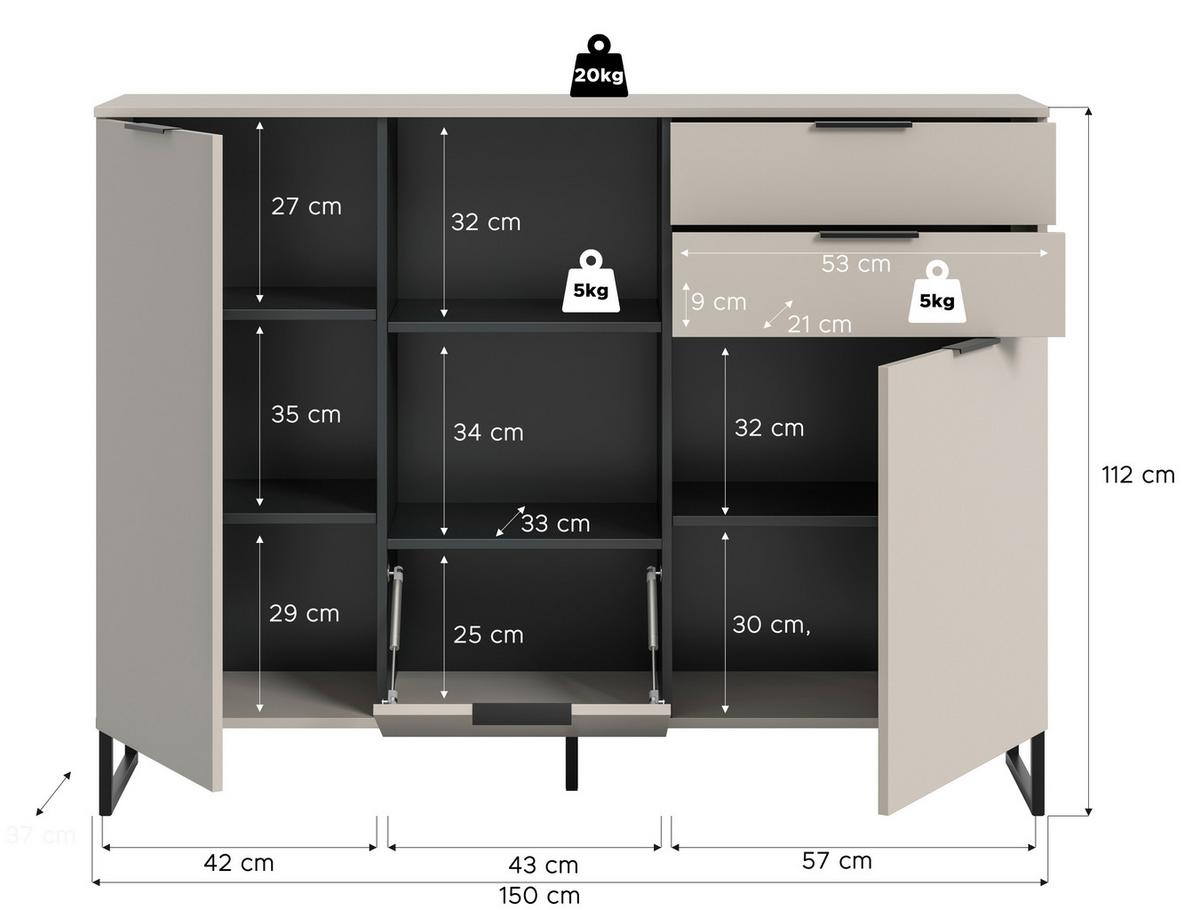 Highboard Noida Kaschmir/schwarz  B: 150 Cm - Kaschmir/Schwarz, Design, Holzwerkstoff (150/112/37cm) - Livetastic