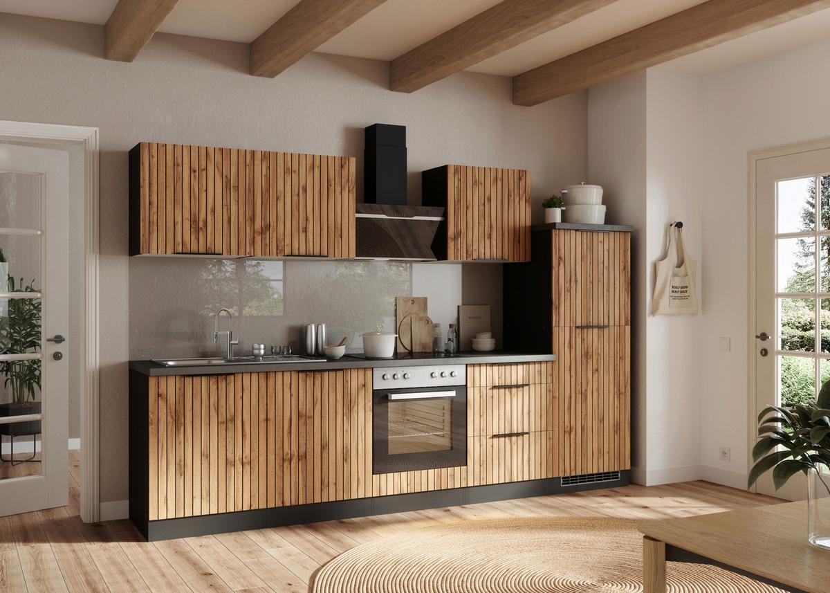 Küchenblock Liverpool Graphit/Eiche Dekor B: 300 cm - Schieferfarben/Eiche Wotan, Basics, Holzwerkstoff (300cm) - Held