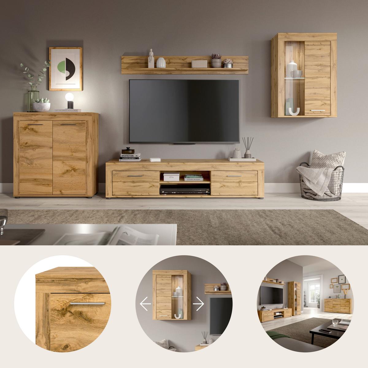 Wohnwand Jam Eiche Wotan Dekor B: 330cm - Eiche Wotan/Schwarz, Design, Glas/Holzwerkstoff (330/169/35cm) - MID.YOU