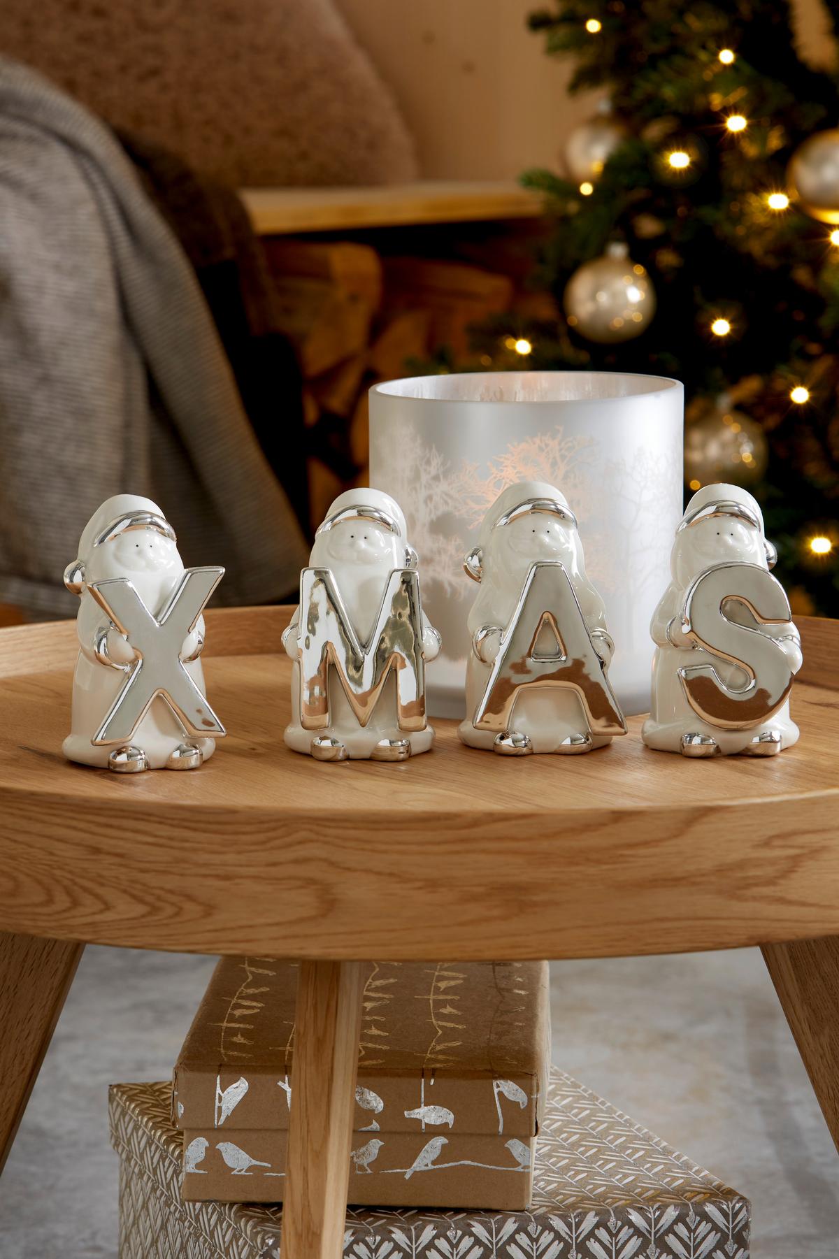 Dekor Felirat Xmas - ezüstszínű/fehér, Basics, kerámia (7/11,5/6,5cm) - Ondega