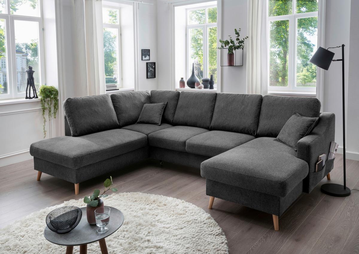 Wohnlandschaft Valentina Mit Schlaffunktion Anthrazit - Anthrazit/Naturfarben, KONVENTIONELL, Textil (200/301/150cm) - P & B