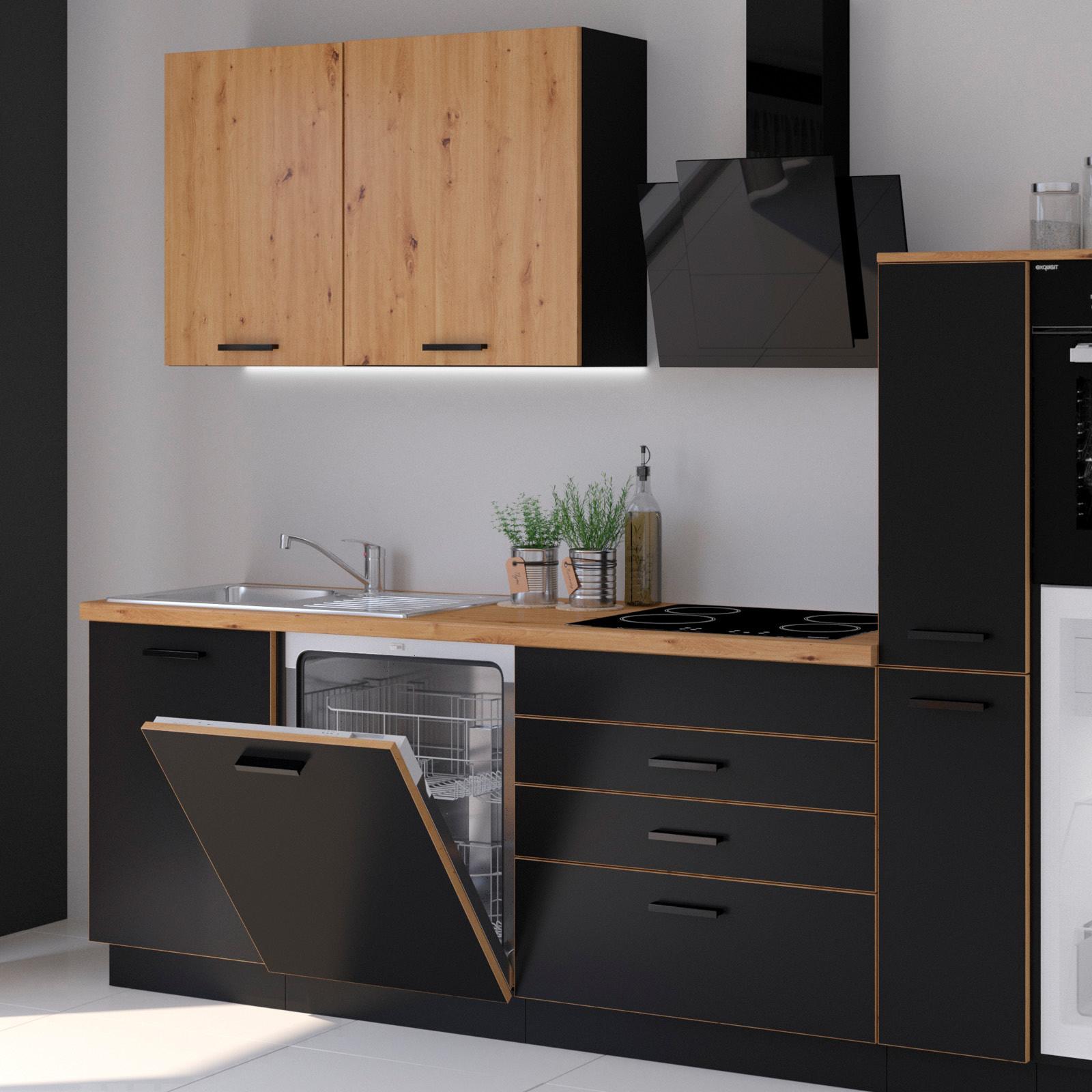 Küchenzeile Blacky ohne Geräte 280 cm Schwarz Modern - Schwarz/Eiche Artisan, Design, Holzwerkstoff (280cm) - P & B
