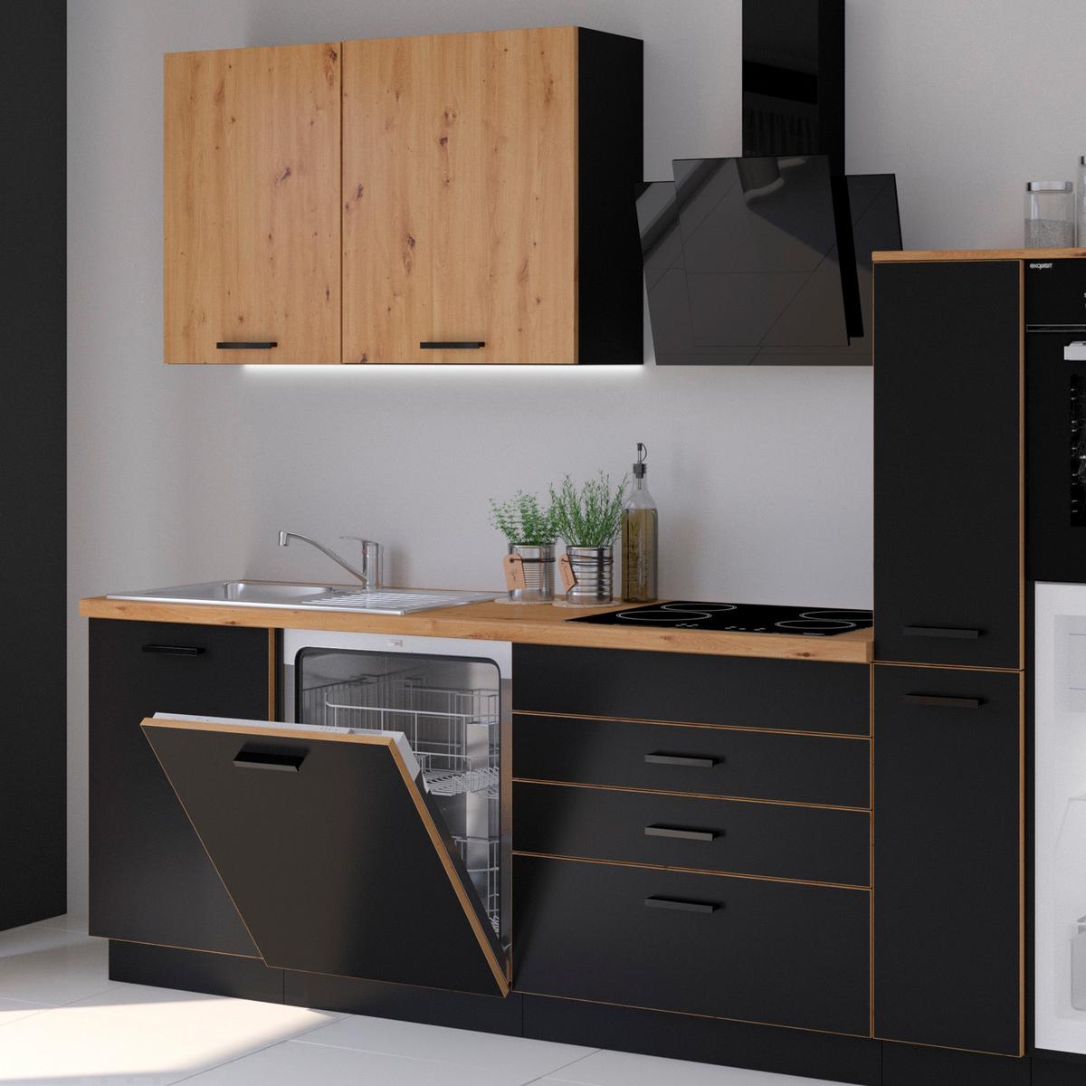 Küchenzeile Blacky Ohne Geräte 280 Cm Schwarz Modern - Schwarz/Eiche Artisan, Design, Holzwerkstoff (280cm) - P & B
