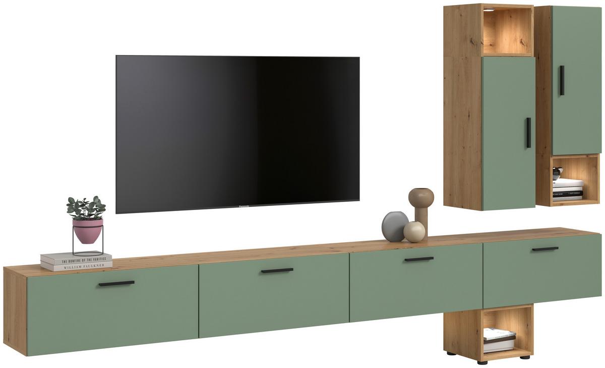Wohnwand, The ONE 7, B: 300 cm Olivgrün/Artisan Eiche Dekor - Schwarz/Weiß, Trend, Holzwerkstoff (300/178/34cm)