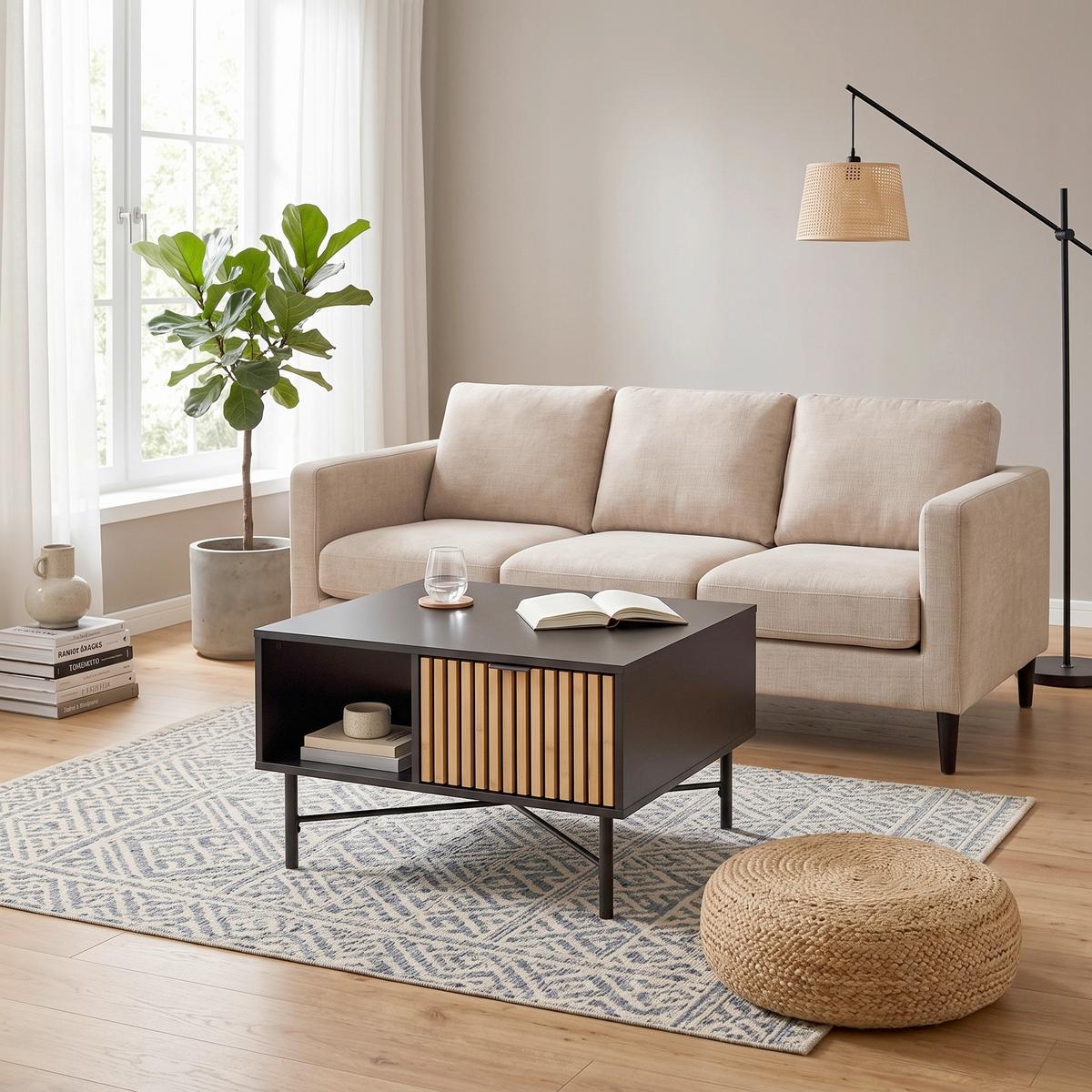 KONFERENČNÍ STOLEK MADRID - černá/přírodní barvy, Moderní, kov/dřevo (70/70/43cm) - Mömax