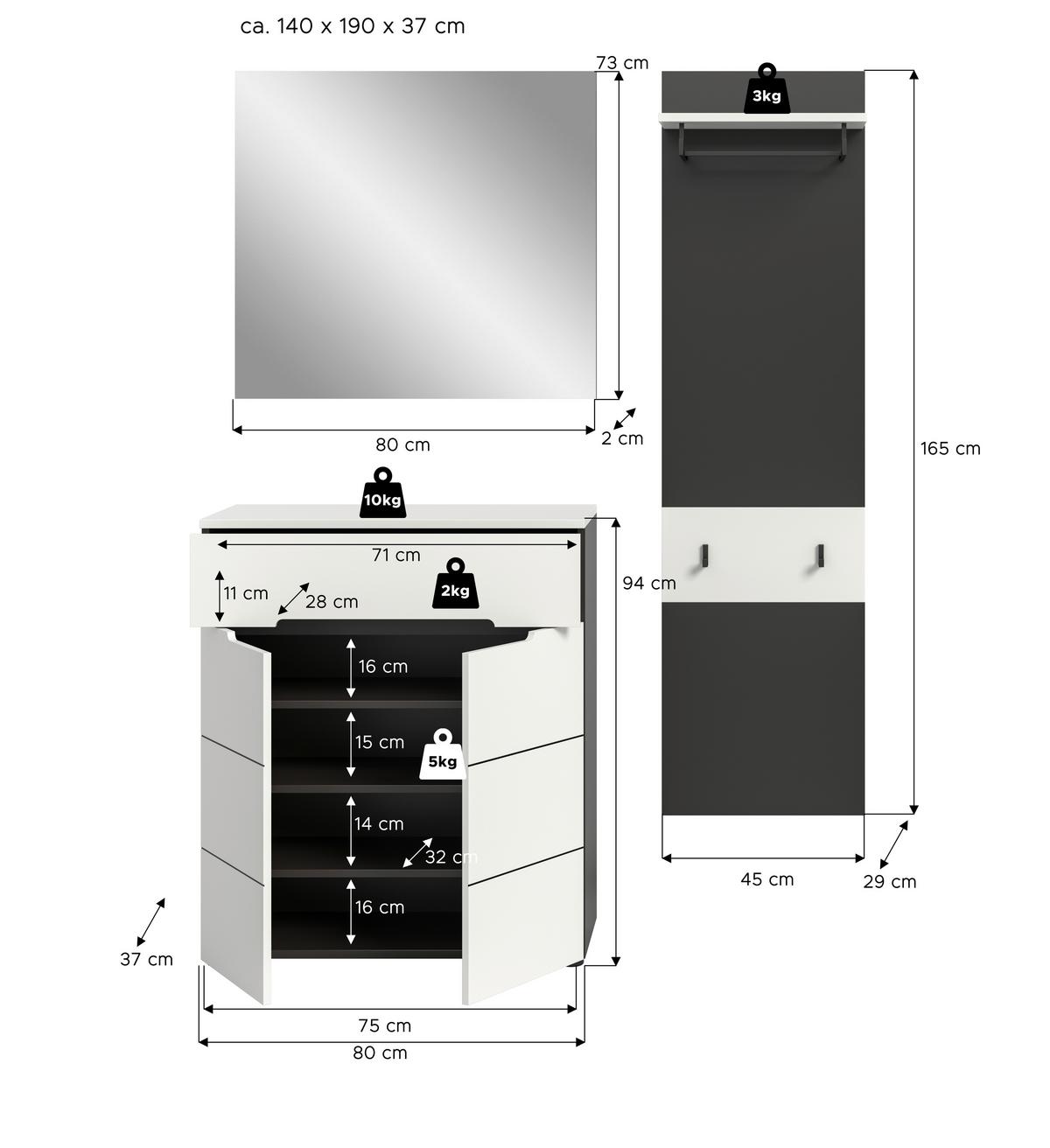 Garderobe Canu 3-Teilig Grau/Weiß B: 140 cm - Weiß, Design, Holzwerkstoff (140/190/37cm) - Livetastic
