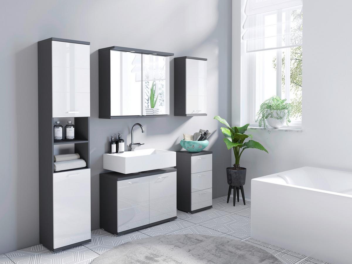 Waschbeckenunterschrank Nebraska B: 80cm Anthrazit - Chromfarben/Weiß Hochglanz, MODERN, Holzwerkstoff (80/59/31,5cm) - MID.YOU