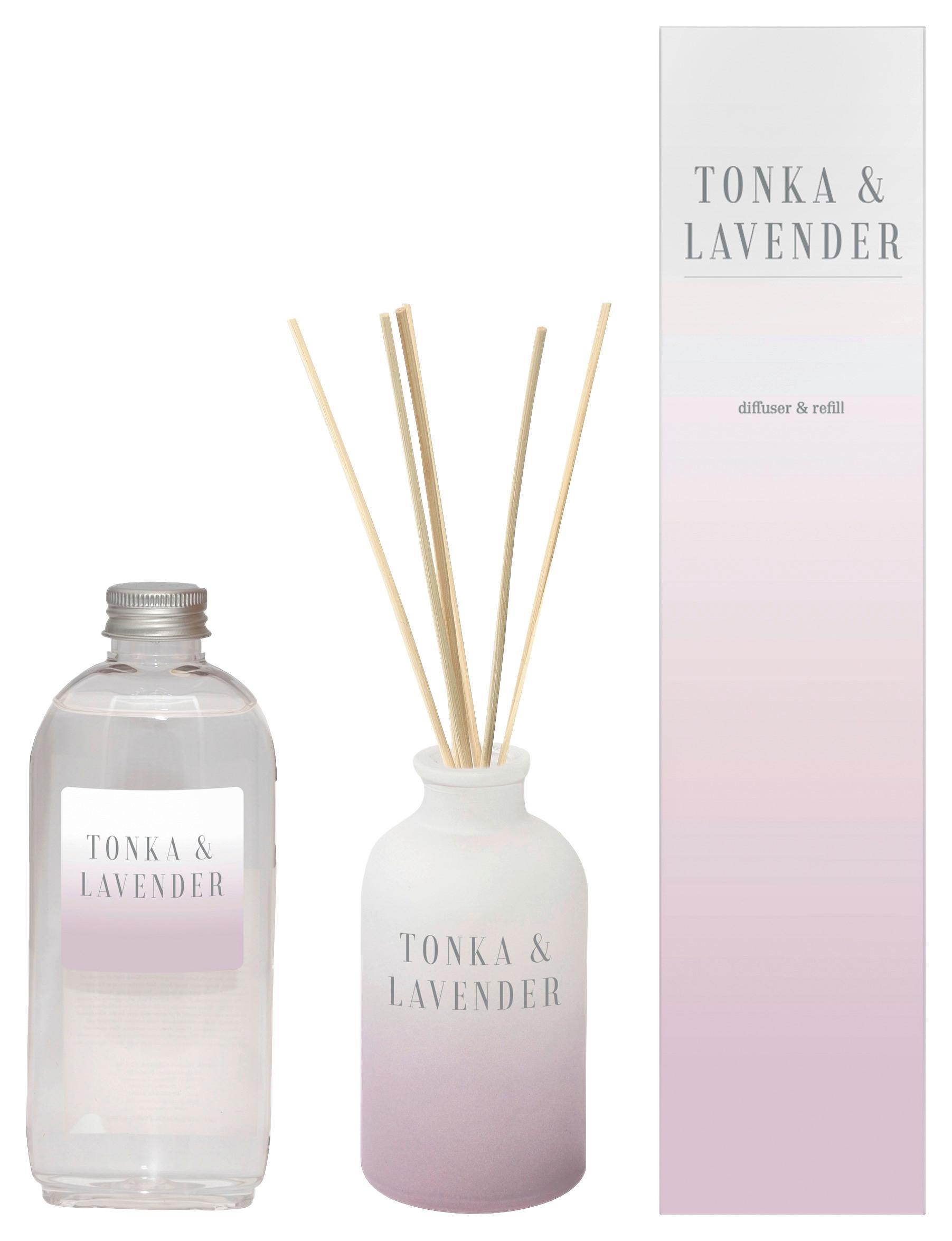 Difuzér Tonka & Lavender Reed 200ml - šeříková, sklo/vlnitá lepenka (5,5/10,5cm) - Premium Living