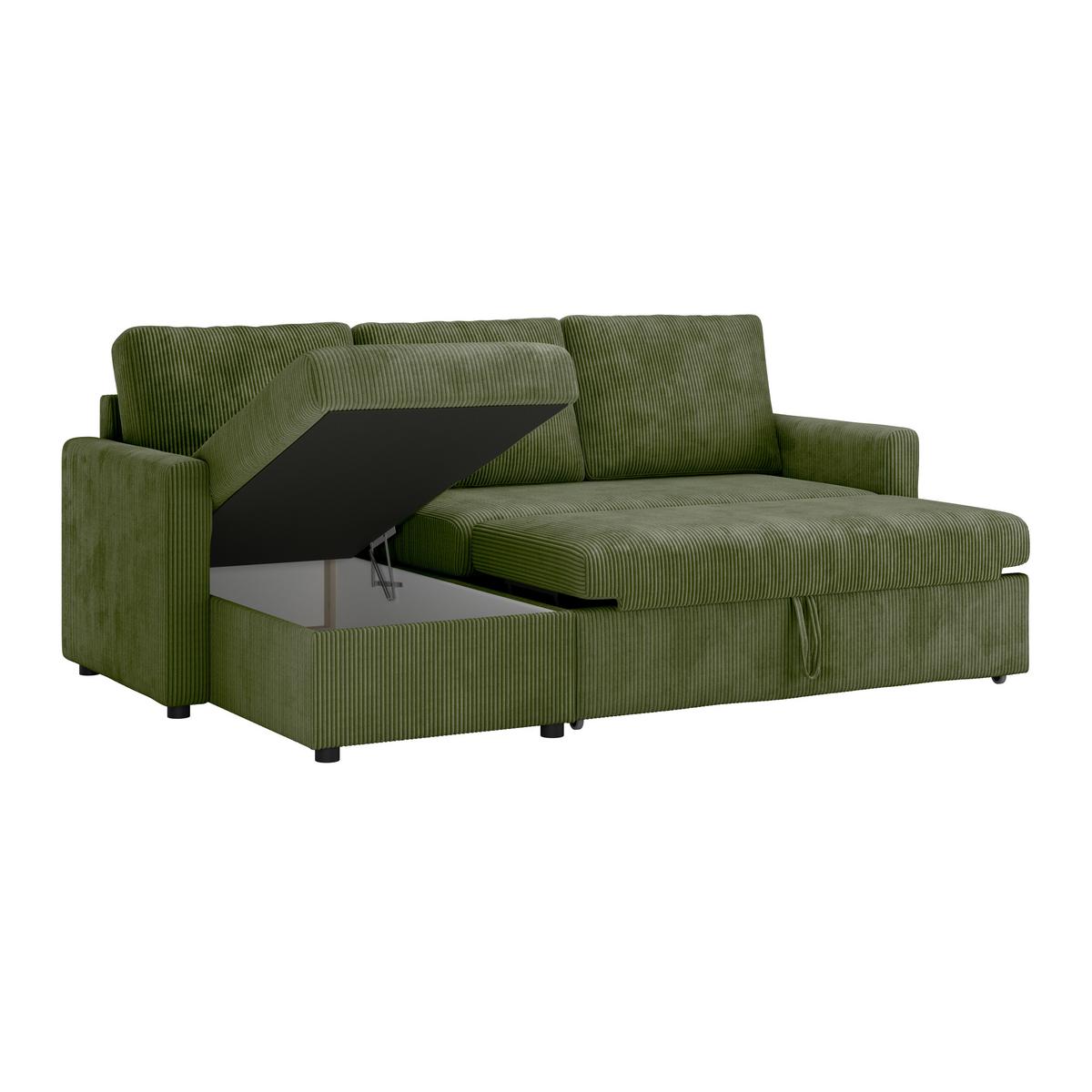 Ecksofa mit Schlaffunktion Paris Grün Cord 215x145cm - Schwarz/Grün, Basics, Holz/Holzwerkstoff (215/145cm)