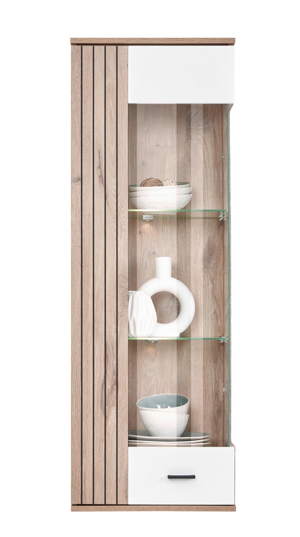 ZÁVĚSNÁ VITRÍNA LIVERPOOL - bílá/barvy dubu, Moderní, kov/kompozitní dřevo (45/129/38cm)