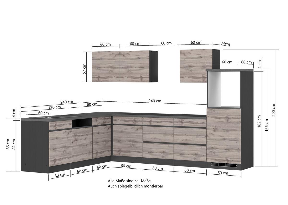 Eckküche Turin ohne Geräte B: 300cm Grau/Wotaneiche Dekor - Eiche Wotan/Grau, Design, Holzwerkstoff (300cm) - Held