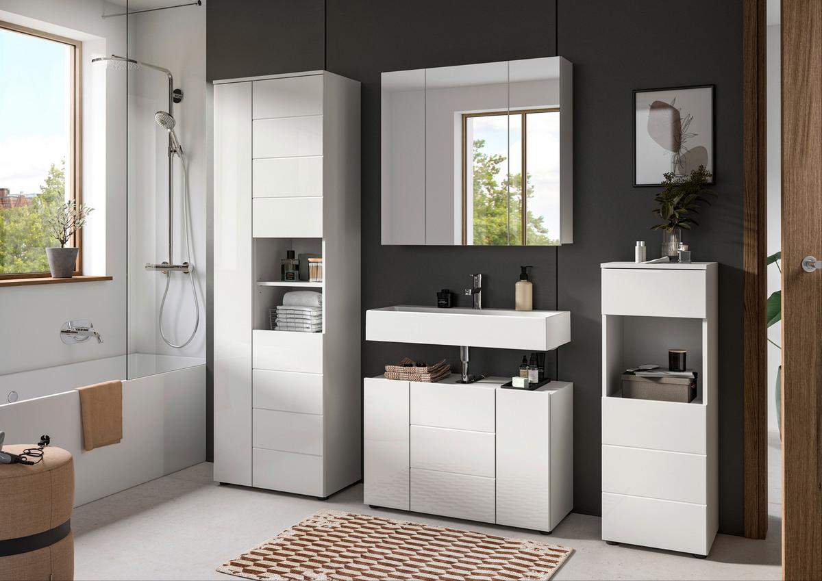 Badezimmer Vira Weiß B: 142 cm - Weiß Hochglanz/Schwarz, MODERN, Holzwerkstoff (142cm) - MID.YOU